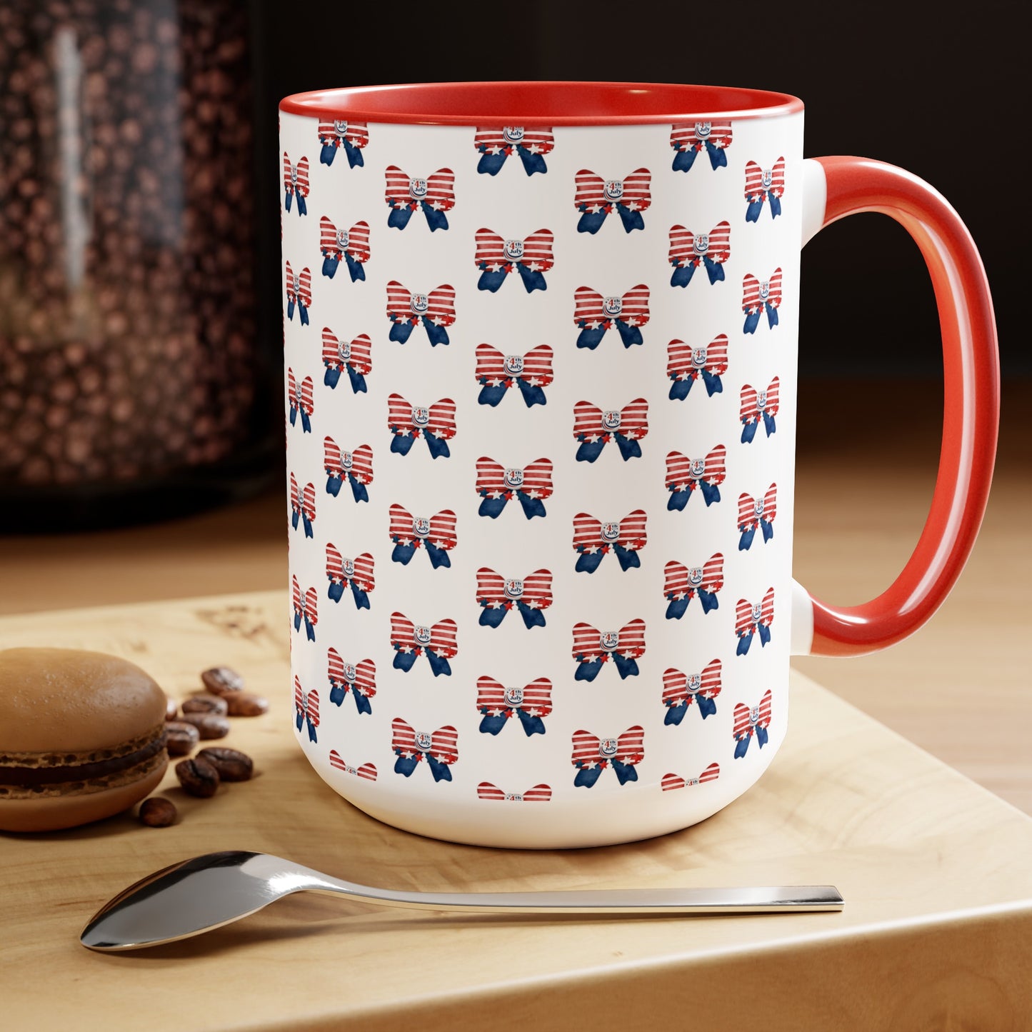 Happy 4th Of July Two -Tone Coffee Mug.15oz.America, Flag, Peace Love America. Proud To Be An American, Red White Blue mug.