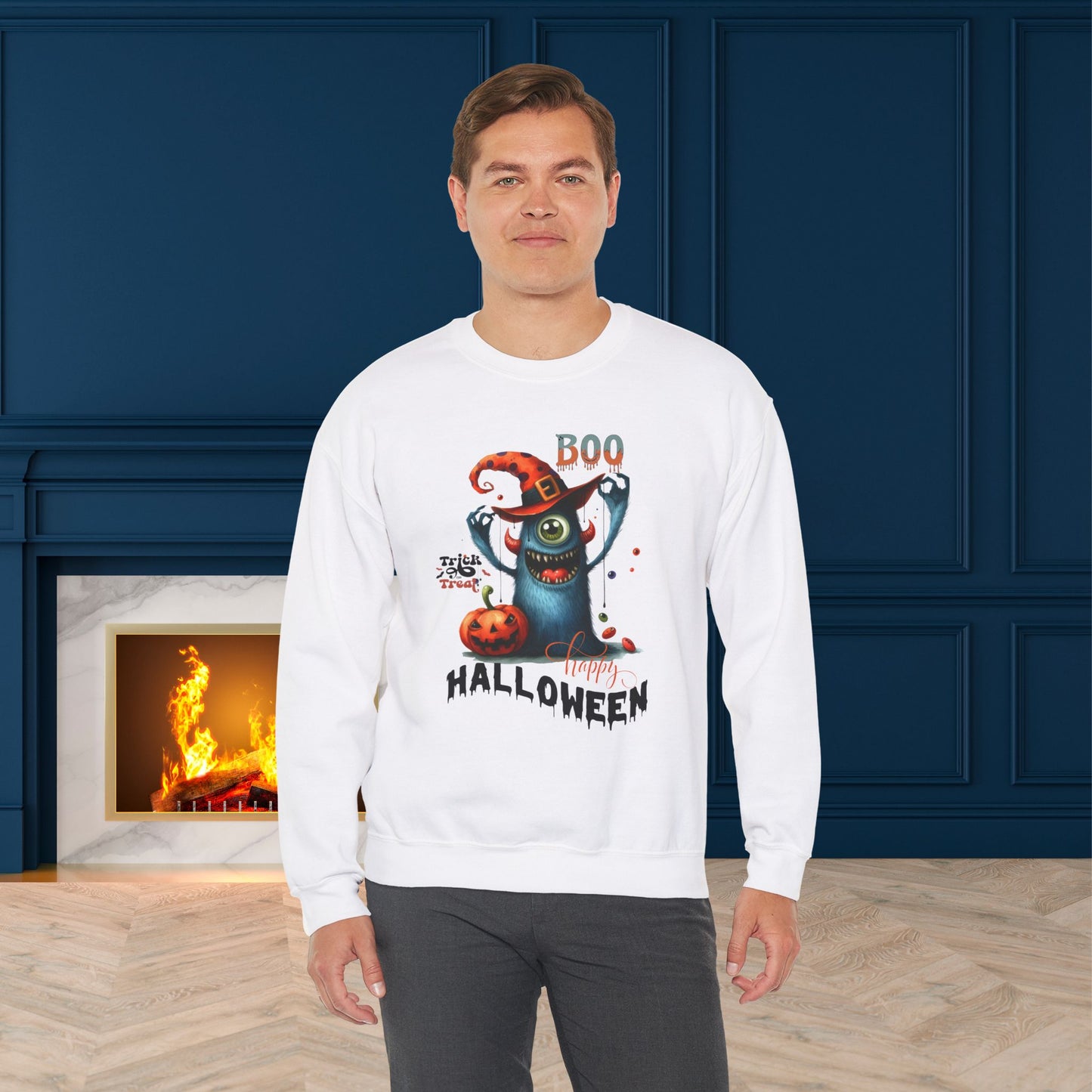 Boo Happy Halloween Sweatshirt, Happy Halloween Sweatshirt - Unisex Heavy Blend Crewneck, Halloween Sweatshirt, Cute Spooky Ghost sweatshirt.