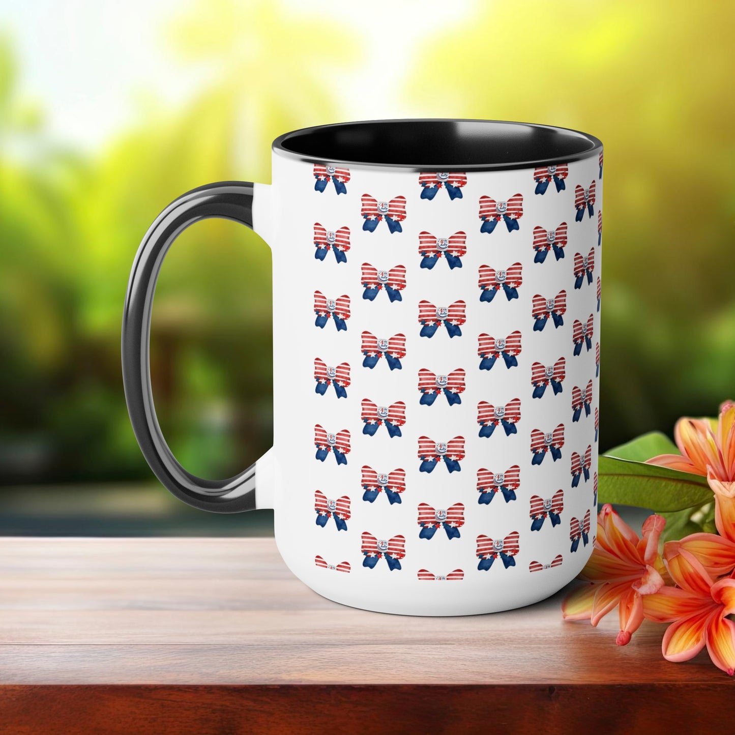 Happy 4th Of July Two -Tone Coffee Mug.15oz.America, Flag, Peace Love America. Proud To Be An American, Red White Blue mug.