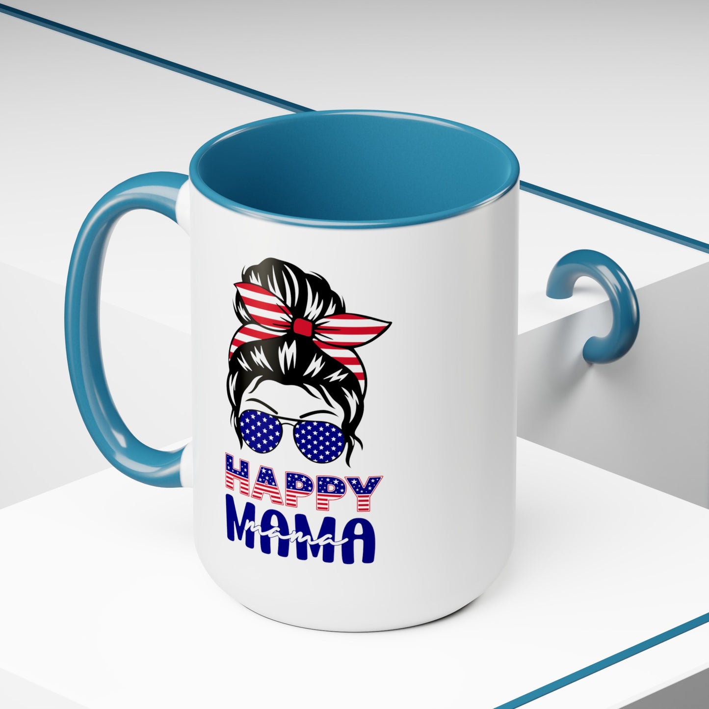 Happy 4th Of July Two -Tone Coffee Mug.15oz. Happy Independence Day Coffee Mug. America, Red White Blue, Flag,Peace Love America. Happy Mama.