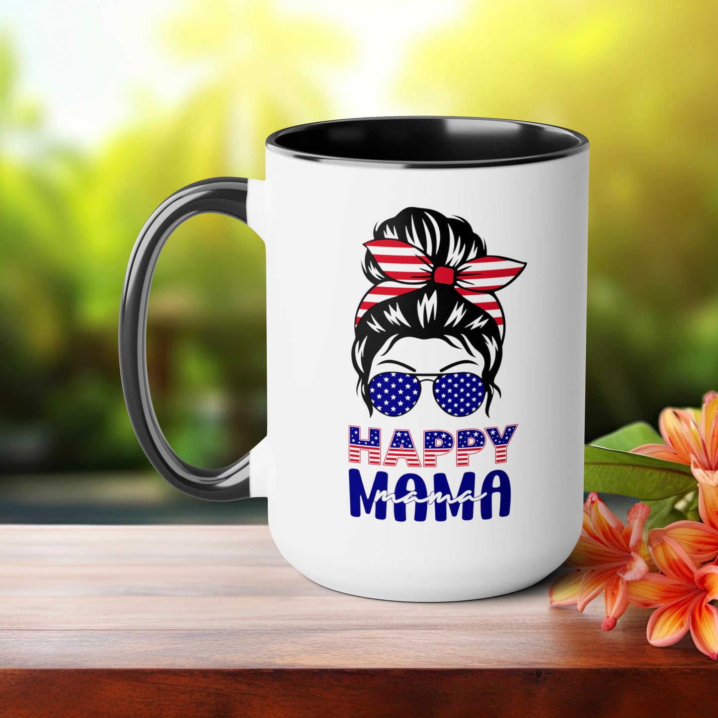 Happy 4th Of July Two -Tone Coffee Mug.15oz. Happy Independence Day Coffee Mug. America, Red White Blue, Flag,Peace Love America. Happy Mama.