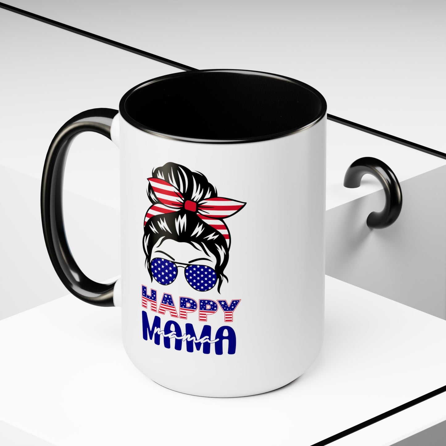 Happy 4th Of July Two -Tone Coffee Mug.15oz. Happy Independence Day Coffee Mug. America, Red White Blue, Flag,Peace Love America. Happy Mama.