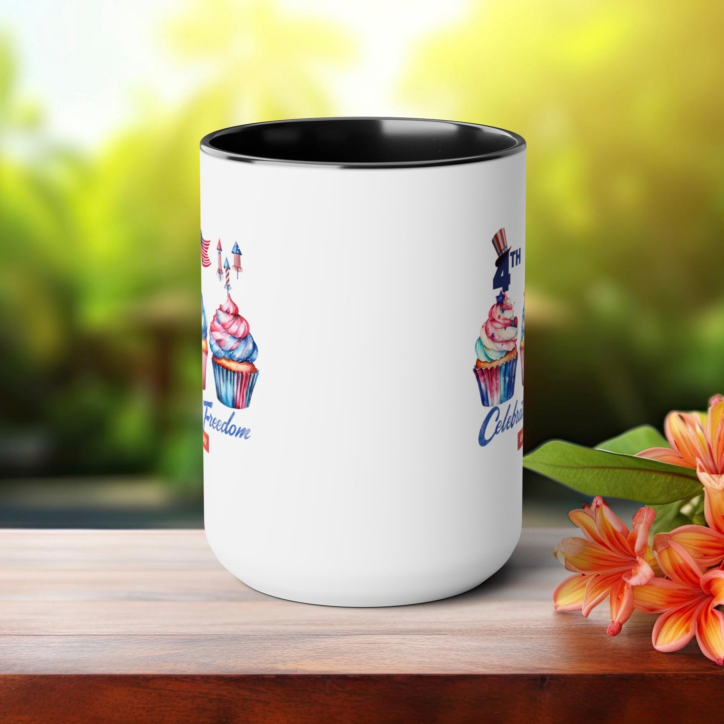 Happy 4th Of July Two -Tone Coffee Mug.15oz. Happy Independence Day Coffee Mug. America, Red White Blue, Flag,Peace Love America. Proud To Be An American