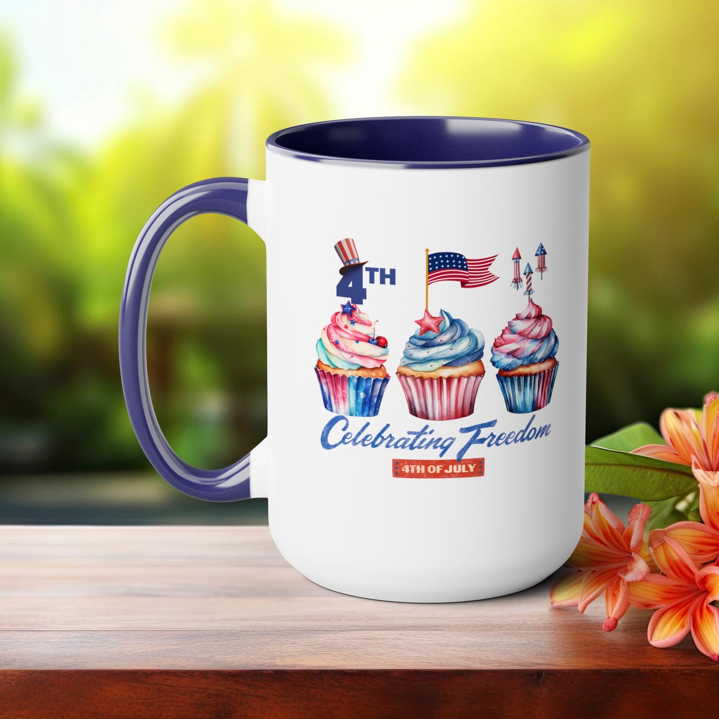 Happy 4th Of July Two -Tone Coffee Mug.15oz. Happy Independence Day Coffee Mug. America, Red White Blue, Flag,Peace Love America. Proud To Be An American