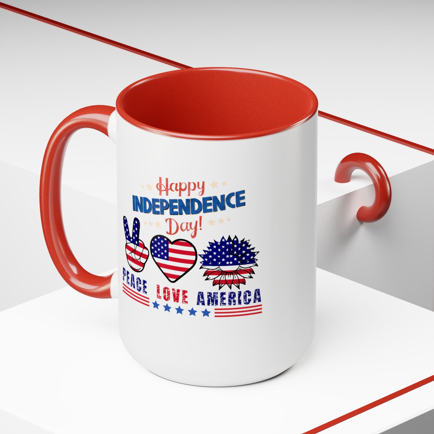 Happy 4th Of July Two -Tone Coffee Mug.15oz. Happy Independence Day Coffee Mug. America, Red White Blue, Flag,Peace Love America.
