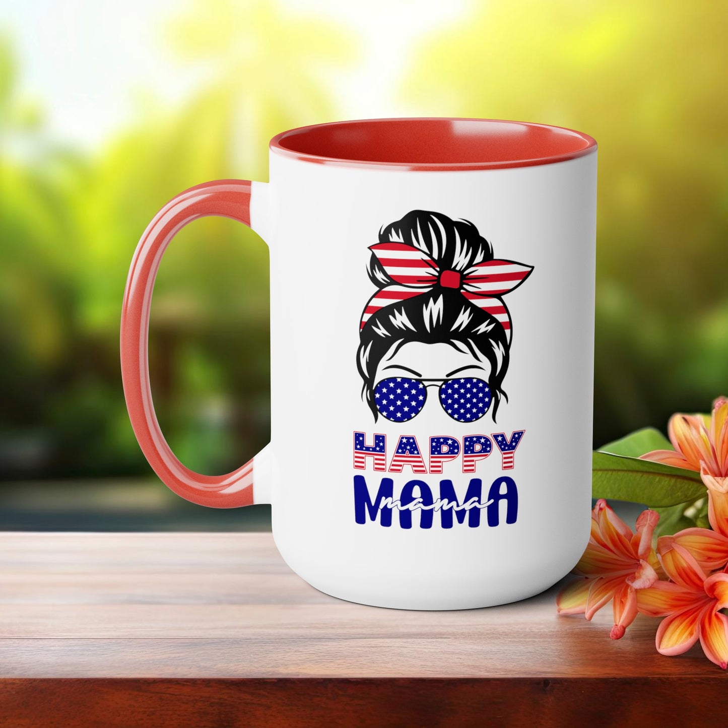 Happy 4th Of July Two -Tone Coffee Mug.15oz. Happy Independence Day Coffee Mug. America, Red White Blue, Flag,Peace Love America. Happy Mama.
