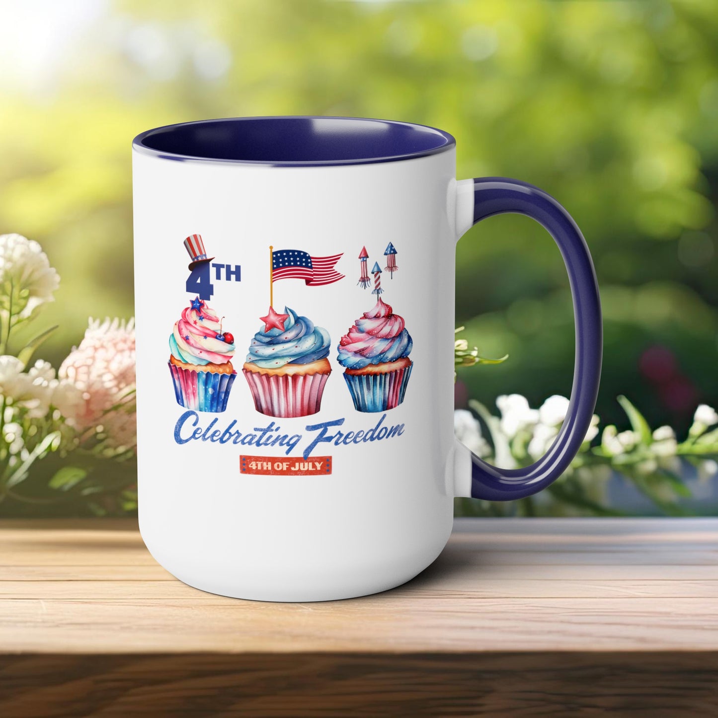 Happy 4th Of July Two -Tone Coffee Mug.15oz. Happy Independence Day Coffee Mug. America, Red White Blue, Flag,Peace Love America. Proud To Be An American