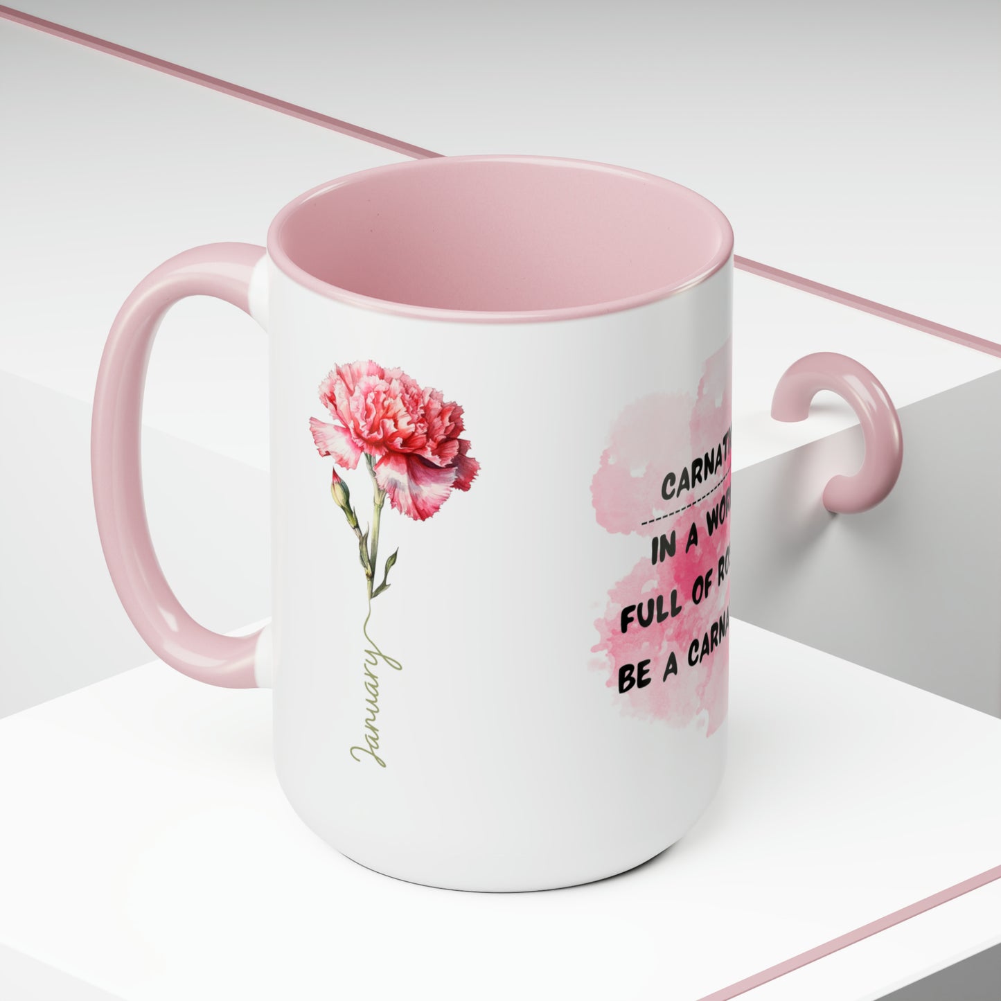 January Birth Month Flower Two-Tone Coffee Mugs, 15oz, Magical Birth Month Flower Mug.