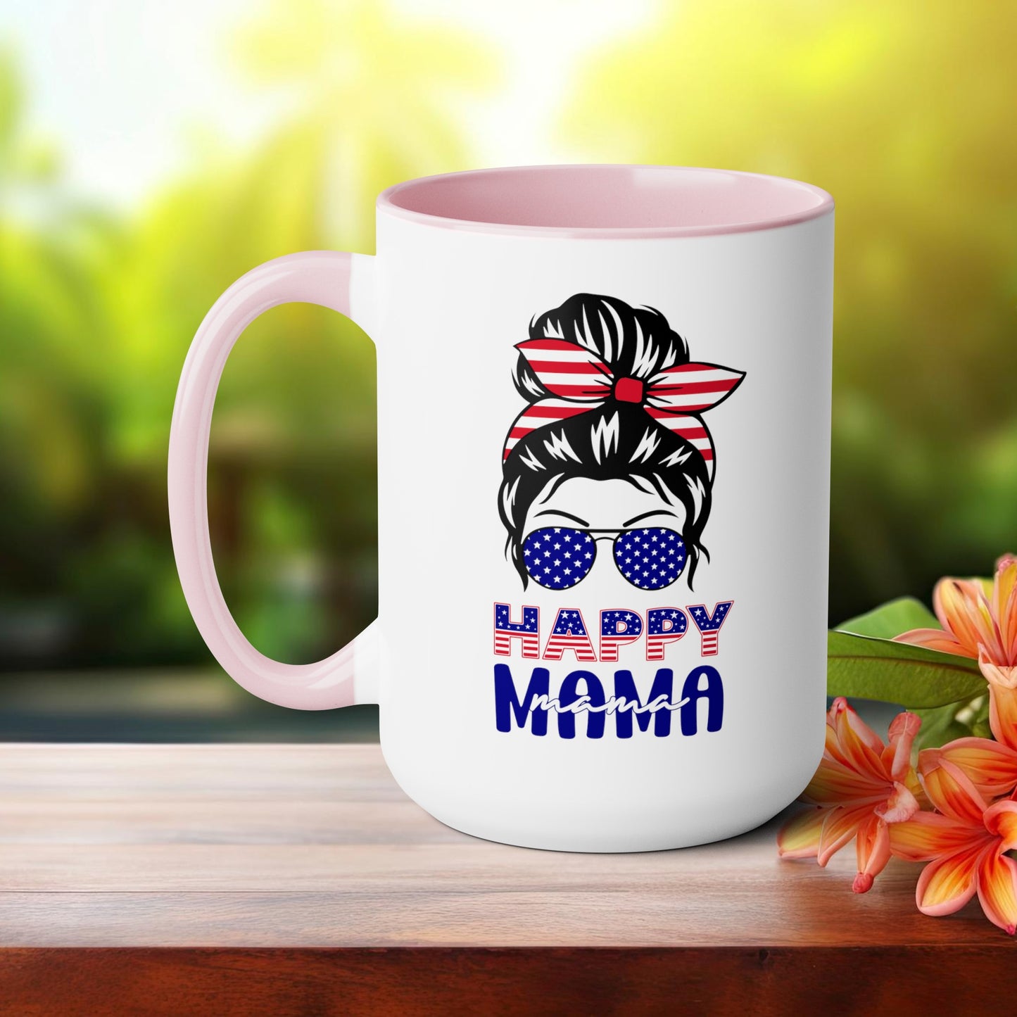 Happy 4th Of July Two -Tone Coffee Mug.15oz. Happy Independence Day Coffee Mug. America, Red White Blue, Flag,Peace Love America. Happy Mama.