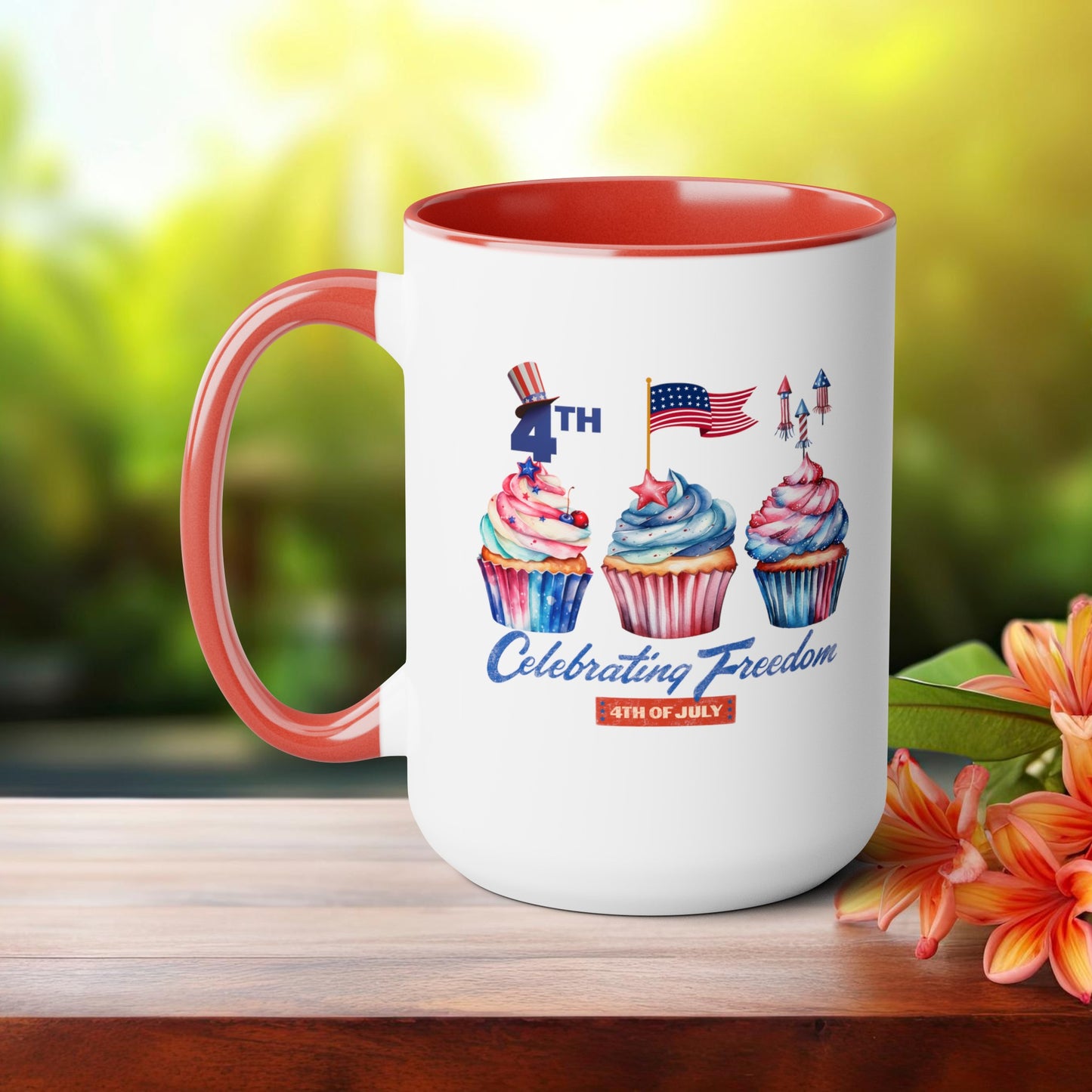 Happy 4th Of July Two -Tone Coffee Mug.15oz. Happy Independence Day Coffee Mug. America, Red White Blue, Flag,Peace Love America. Proud To Be An American