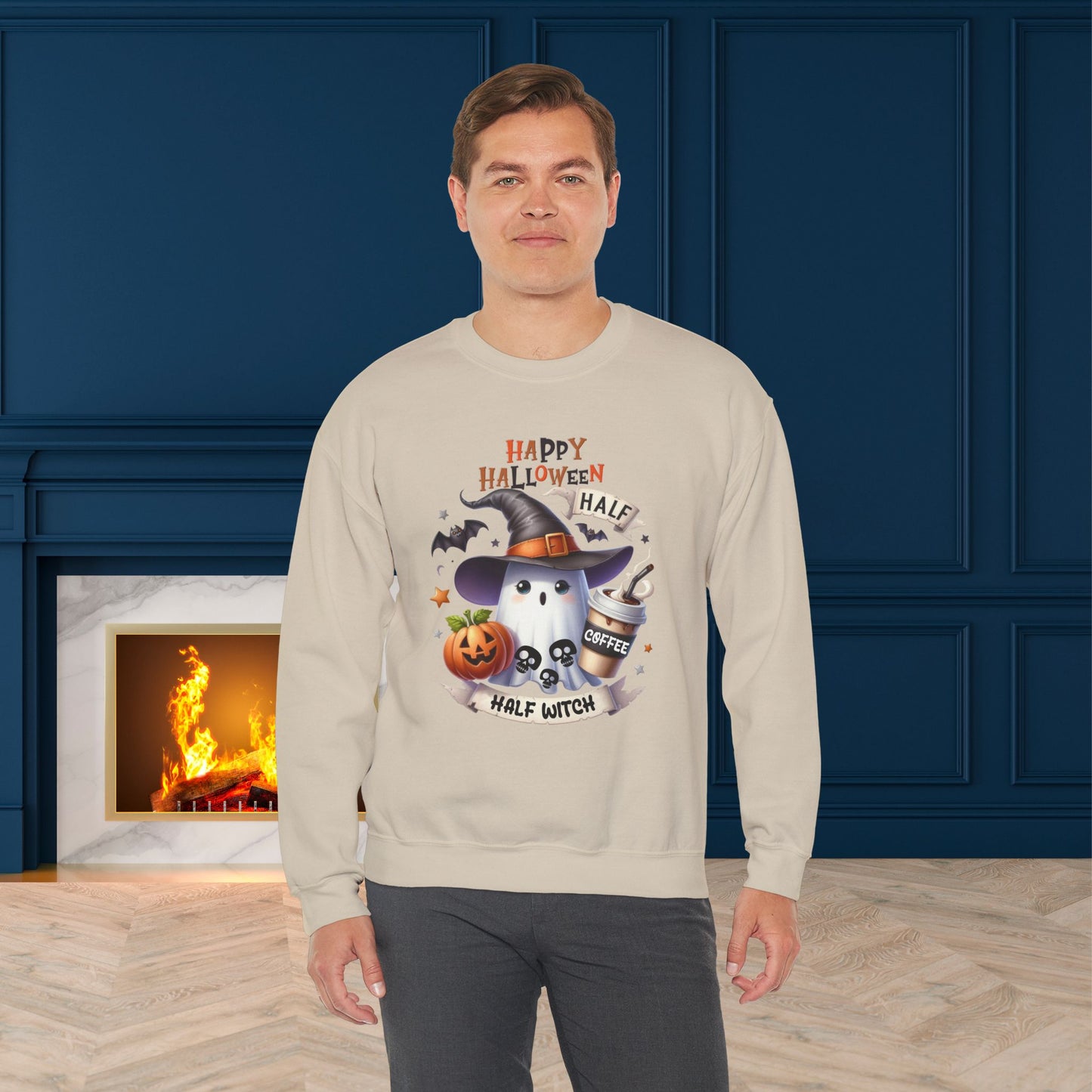 Half Coffee Half Witch sweatshirt, Happy Halloween Sweatshirt - Unisex Heavy Blend Crewneck, Halloween Sweatshirt, Cute Spooky Ghost sweatshirt.