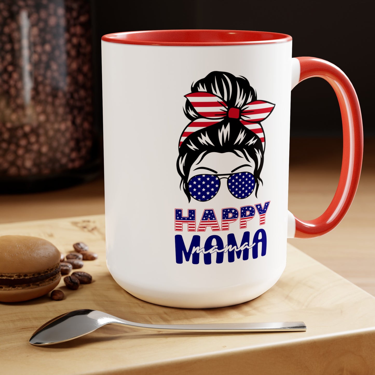 Happy 4th Of July Two -Tone Coffee Mug.15oz. Happy Independence Day Coffee Mug. America, Red White Blue, Flag,Peace Love America. Happy Mama.