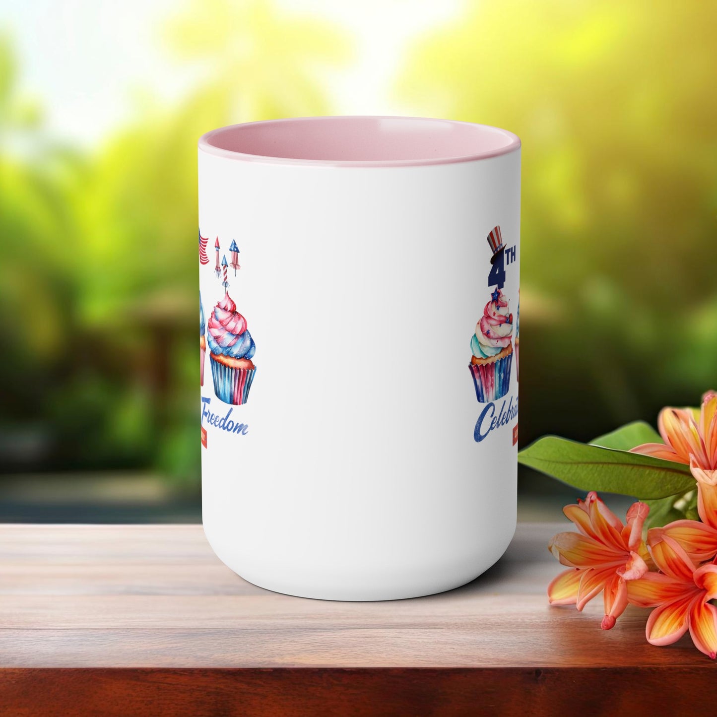 Happy 4th Of July Two -Tone Coffee Mug.15oz. Happy Independence Day Coffee Mug. America, Red White Blue, Flag,Peace Love America. Proud To Be An American