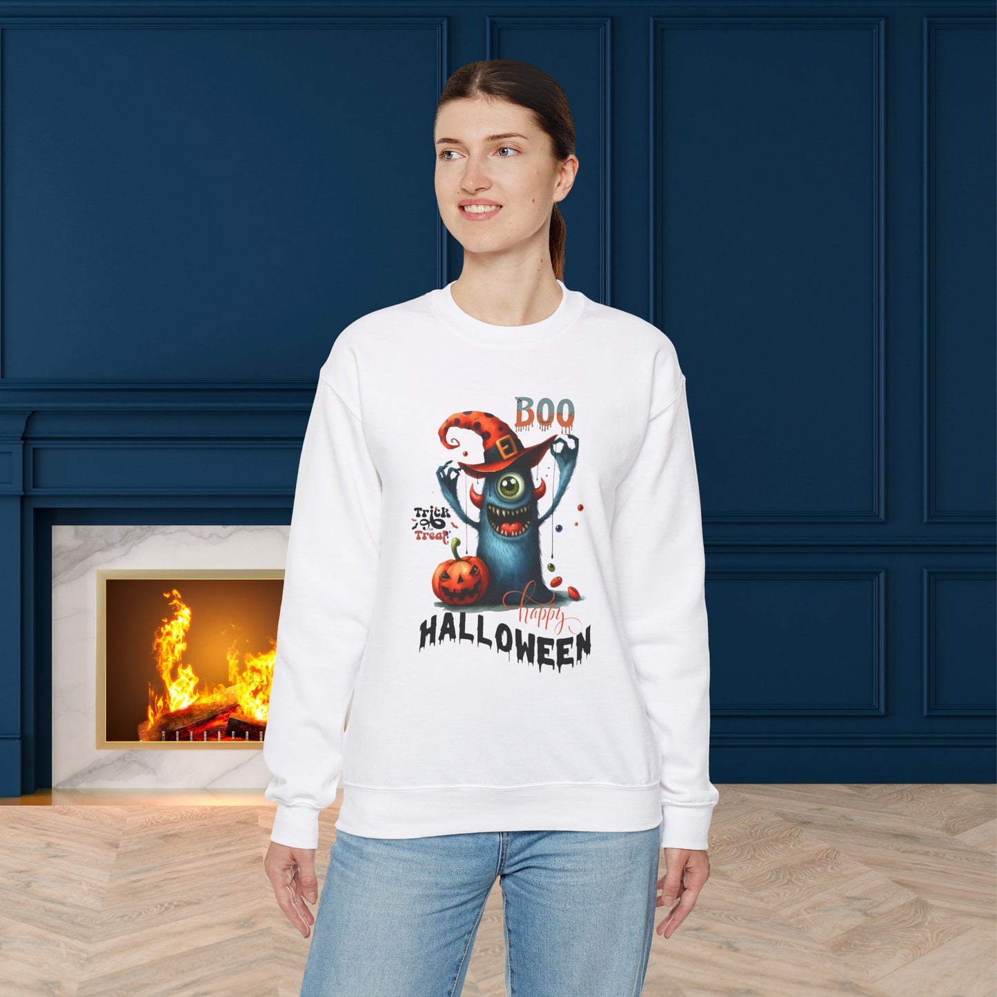 Boo Happy Halloween Sweatshirt, Happy Halloween Sweatshirt - Unisex Heavy Blend Crewneck, Halloween Sweatshirt, Cute Spooky Ghost sweatshirt.
