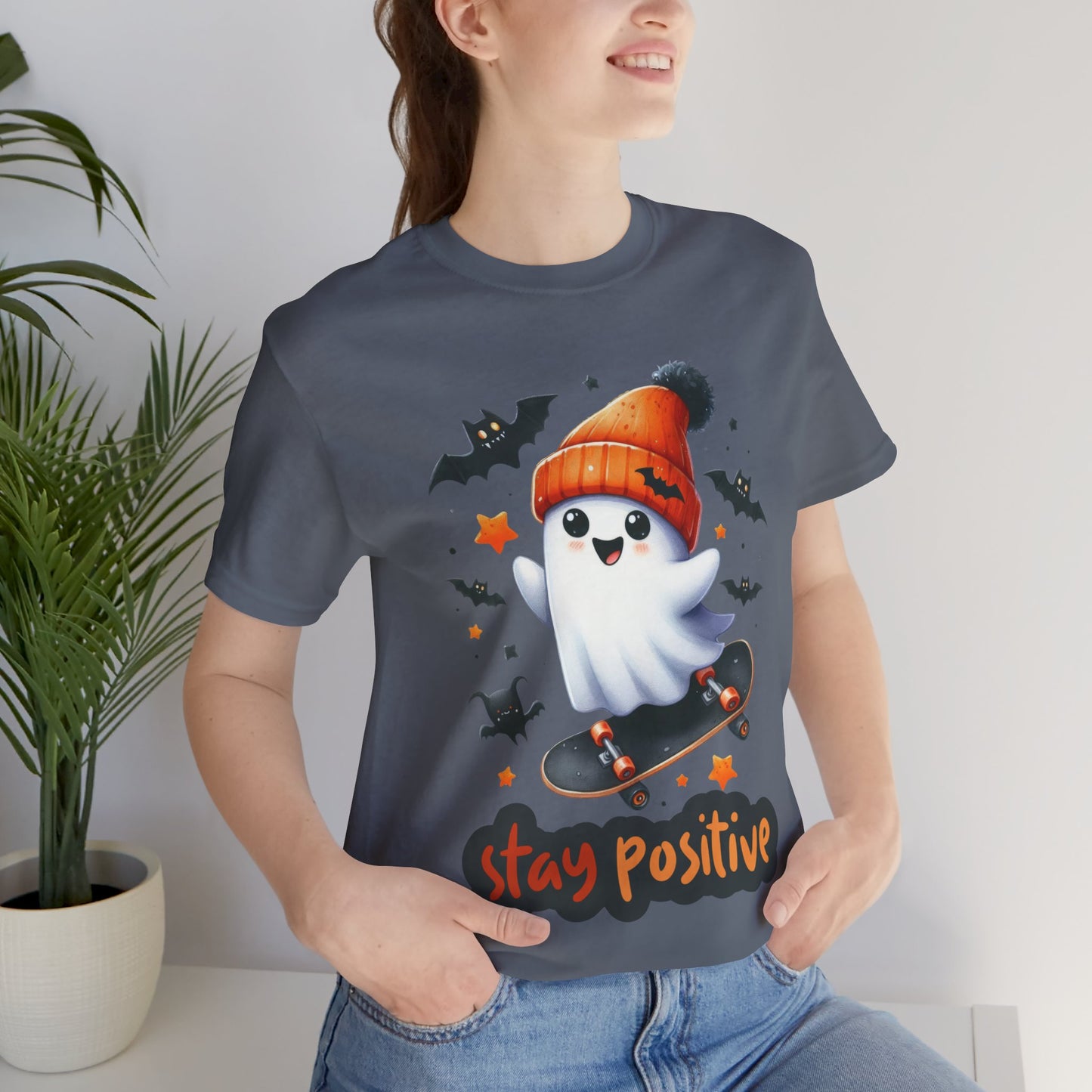Stay Positive Cute Ghost T-shirt, Happy Halloween Skeleton T-shirt, Happy Halloween T-shirt, Trick Or Treat T-shirt, Halloween T-shirt, Cool Halloween T-shirt, Spooky T-shirt,