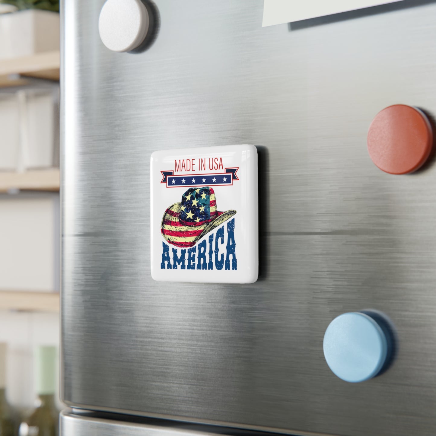Happy 4th of July Porcelain Magnet, Square, Flag, Peace Love America. Proud To Be An American, Red White Blue Magnet, God Bless America Magnet.