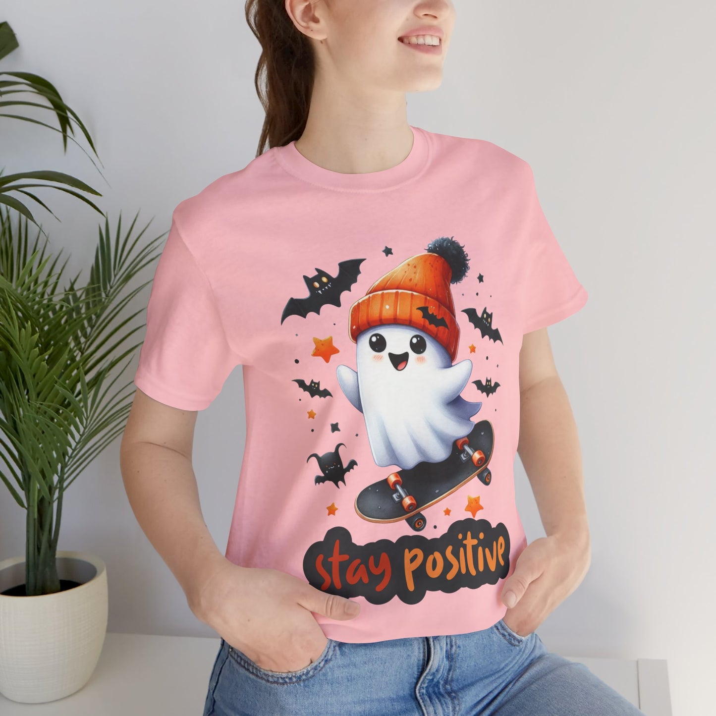 Stay Positive Cute Ghost T-shirt, Happy Halloween Skeleton T-shirt, Happy Halloween T-shirt, Trick Or Treat T-shirt, Halloween T-shirt, Cool Halloween T-shirt, Spooky T-shirt,
