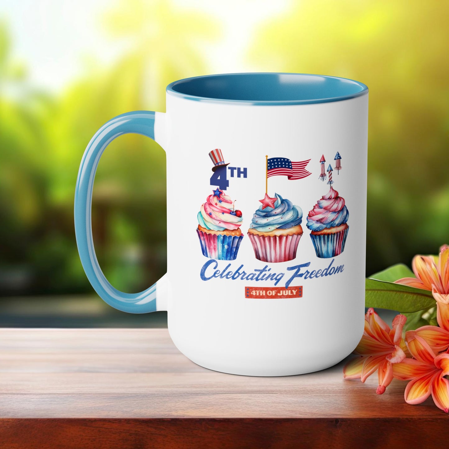 Happy 4th Of July Two -Tone Coffee Mug.15oz. Happy Independence Day Coffee Mug. America, Red White Blue, Flag,Peace Love America. Proud To Be An American
