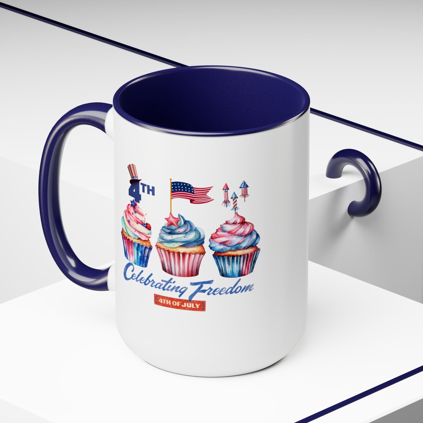 Happy 4th Of July Two -Tone Coffee Mug.15oz. Happy Independence Day Coffee Mug. America, Red White Blue, Flag,Peace Love America. Proud To Be An American