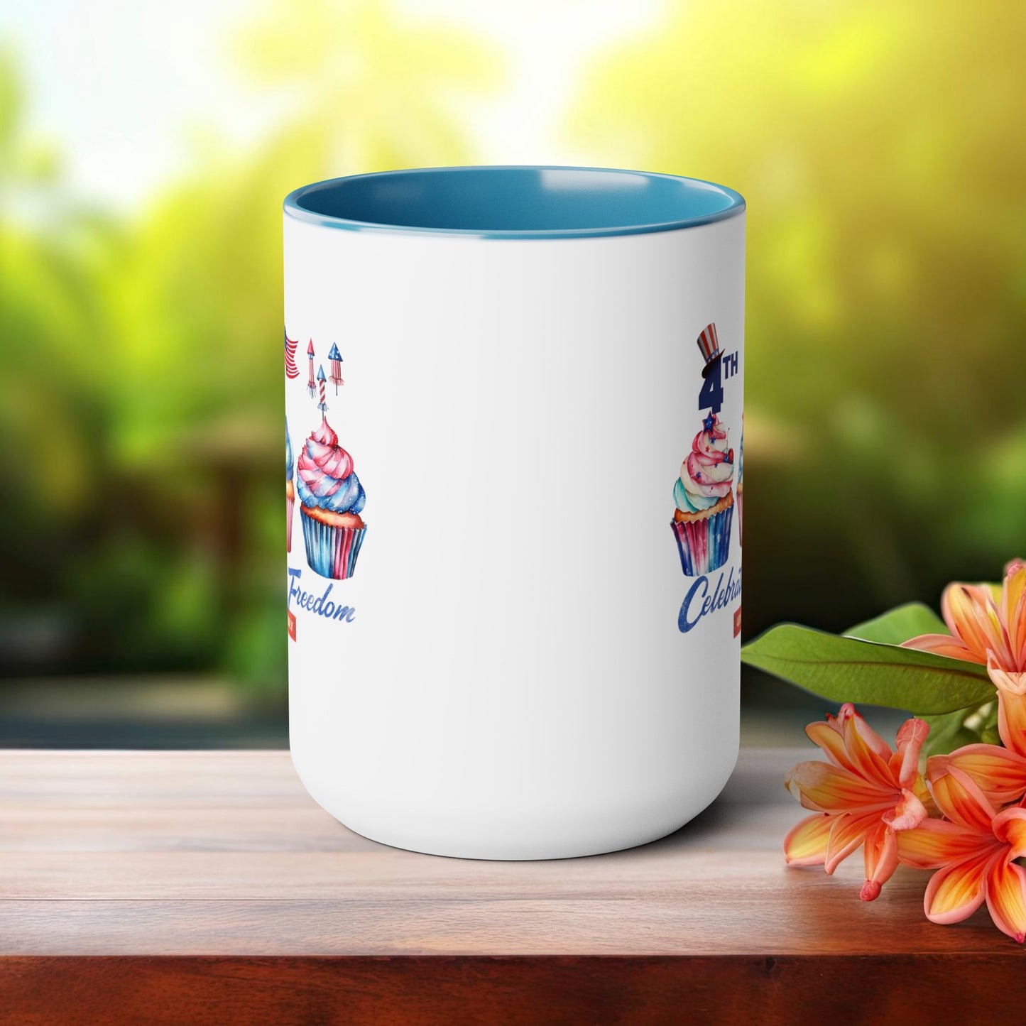 Happy 4th Of July Two -Tone Coffee Mug.15oz. Happy Independence Day Coffee Mug. America, Red White Blue, Flag,Peace Love America. Proud To Be An American