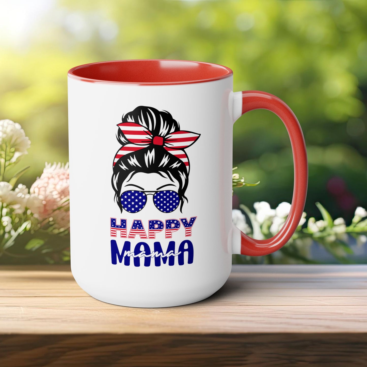 Happy 4th Of July Two -Tone Coffee Mug.15oz. Happy Independence Day Coffee Mug. America, Red White Blue, Flag,Peace Love America. Happy Mama.