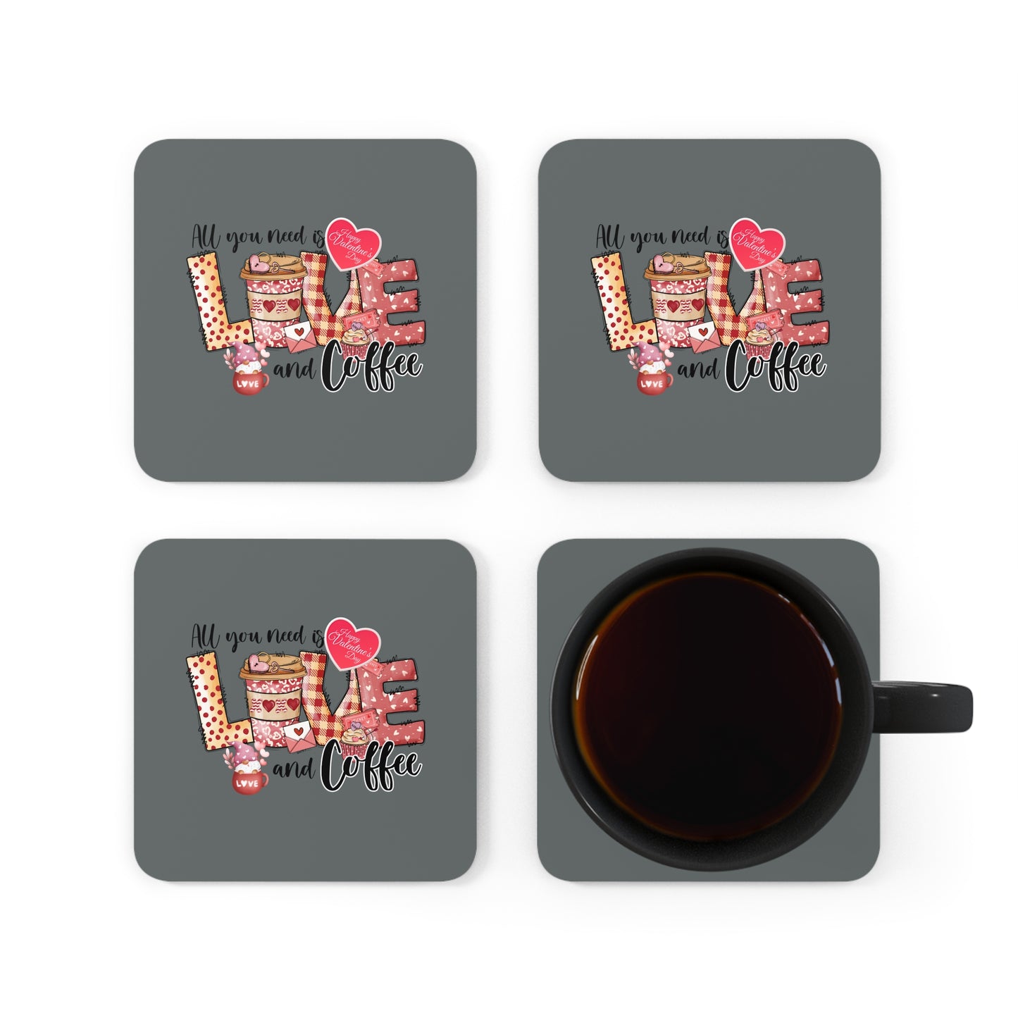 Happy Valentines Day Corkwood Coaster Set