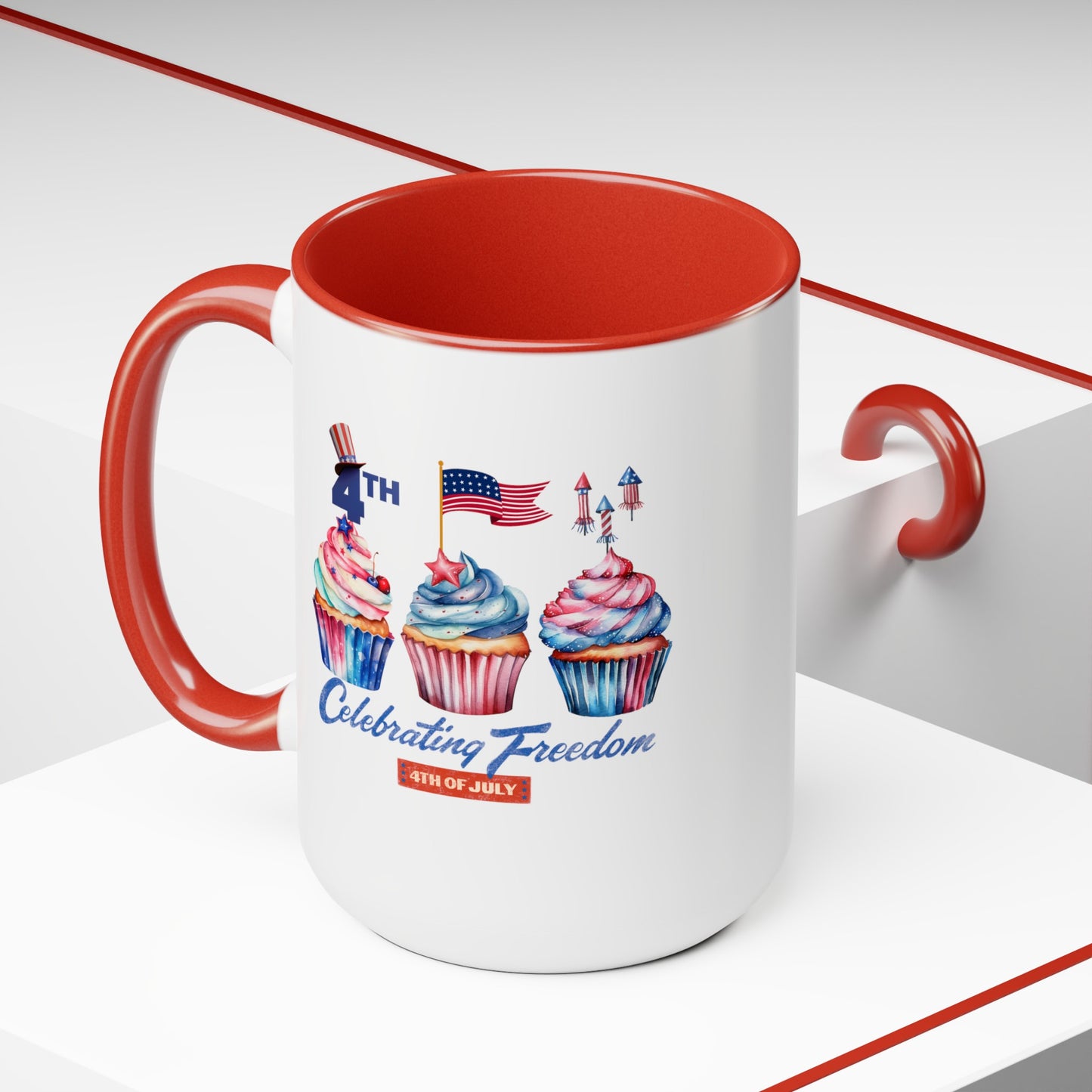 Happy 4th Of July Two -Tone Coffee Mug.15oz. Happy Independence Day Coffee Mug. America, Red White Blue, Flag,Peace Love America. Proud To Be An American