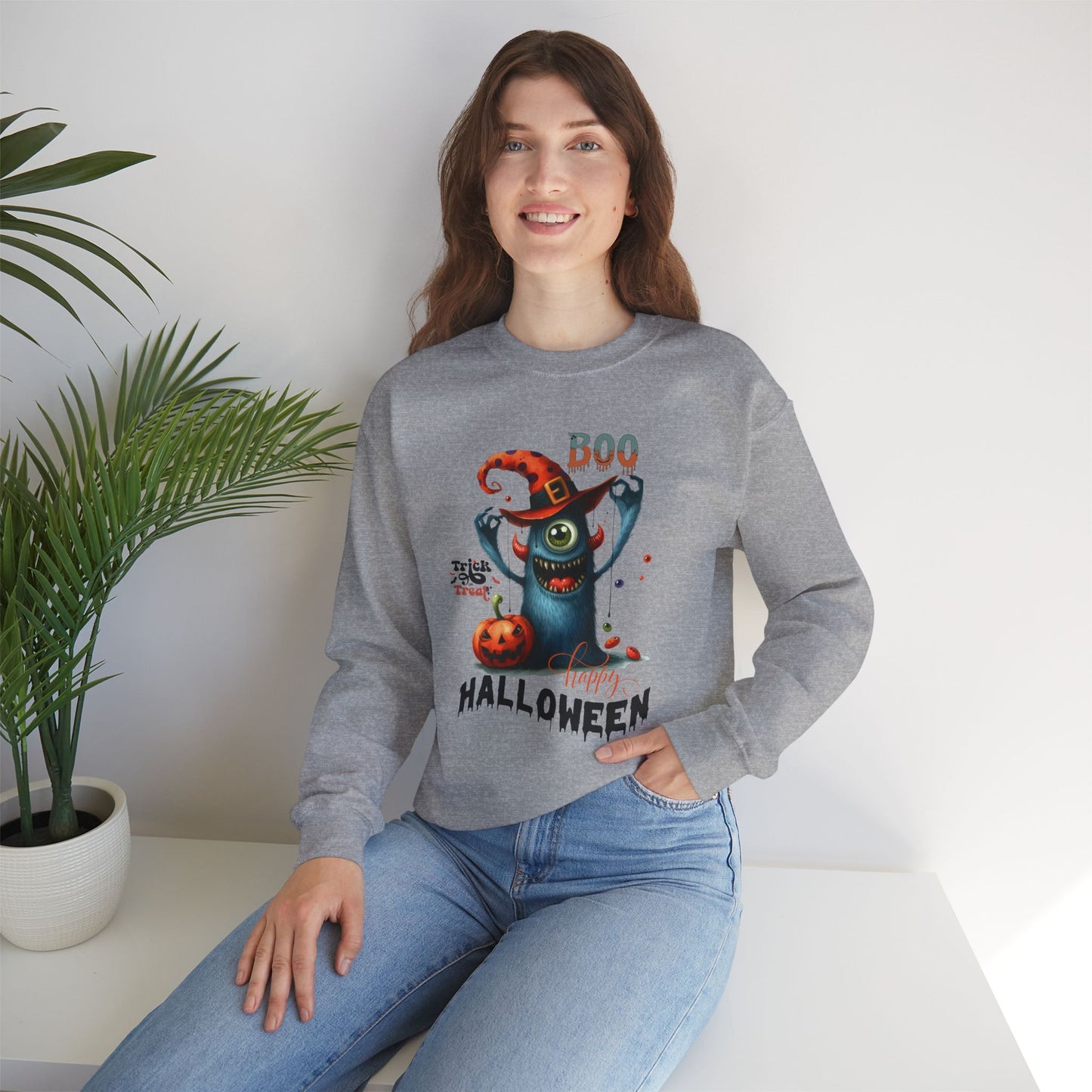 Boo Happy Halloween Sweatshirt, Happy Halloween Sweatshirt - Unisex Heavy Blend Crewneck, Halloween Sweatshirt, Cute Spooky Ghost sweatshirt.