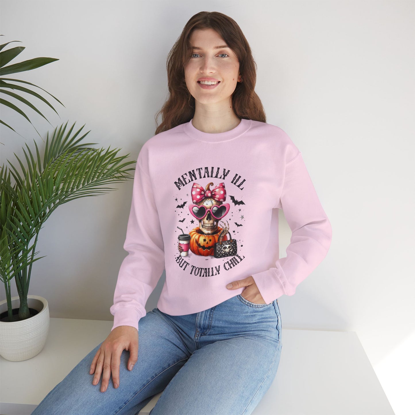 Mentally ill But Totally Chill Halloween Sweatshirt, Happy Halloween Sweatshirt - Unisex Heavy Blend Crewneck, Halloween Sweatshirt, Cute Spooky Ghost sweatshirt.