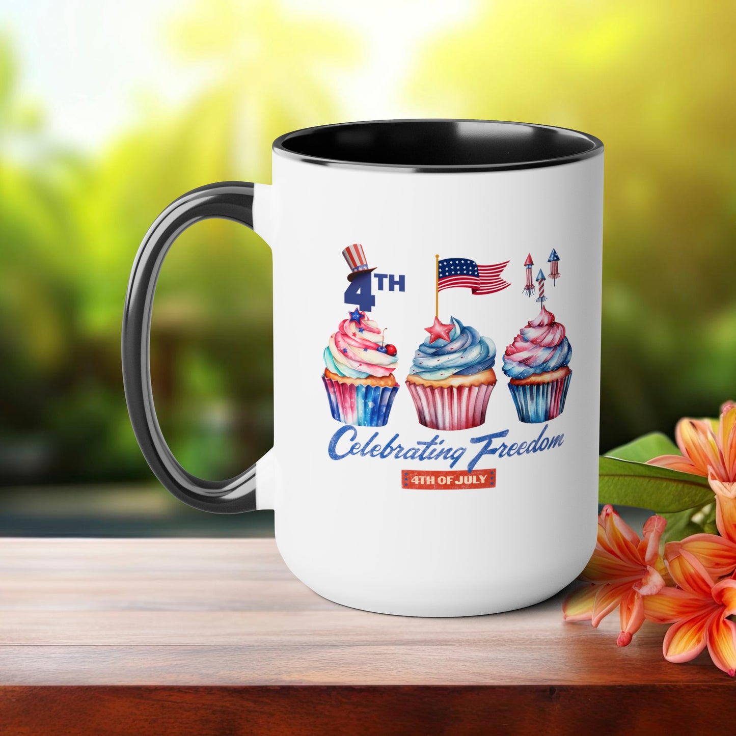 Happy 4th Of July Two -Tone Coffee Mug.15oz. Happy Independence Day Coffee Mug. America, Red White Blue, Flag,Peace Love America. Proud To Be An American