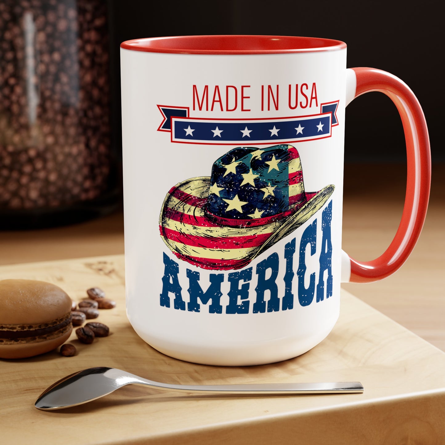 Happy 4th Of July Two -Tone Coffee Mug.15oz. Happy Independence Day Coffee Mug. America, Red White Blue, Flag,Peace Love America. Proud To Be An American