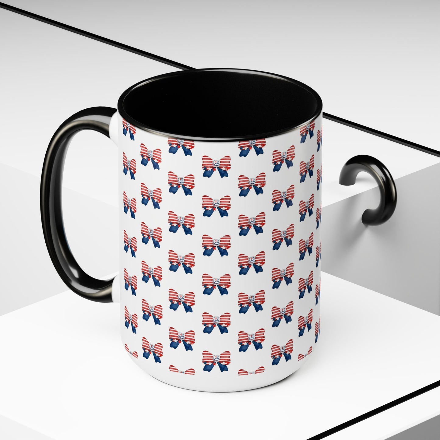 Happy 4th Of July Two -Tone Coffee Mug.15oz.America, Flag, Peace Love America. Proud To Be An American, Red White Blue mug.