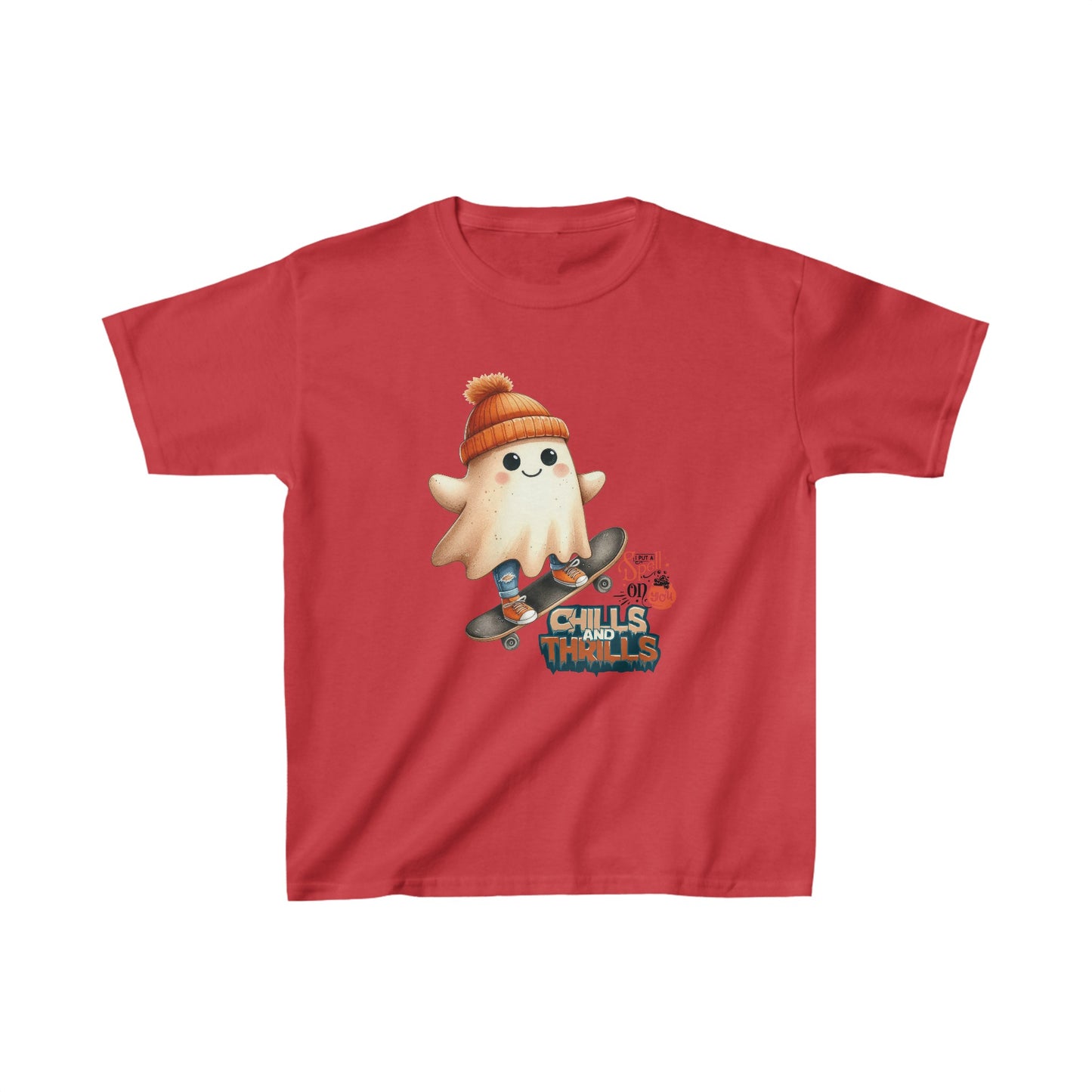 Chills And Thrills Happy Halloween Kids Shirt, Spooky Halloween Kids Heavy Cotton™ Tee, Spooky Season Kids Shirt, Spooky Vibes Shirt, Trick Or Treat Cotton T-Shirt.
