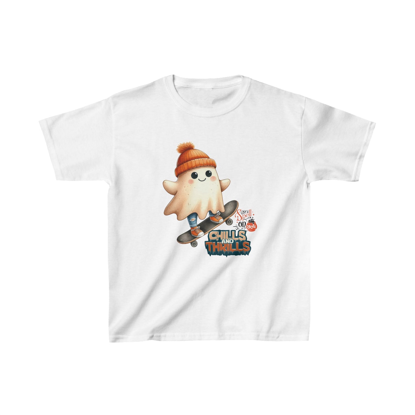 Chills And Thrills Happy Halloween Kids Shirt, Spooky Halloween Kids Heavy Cotton™ Tee, Spooky Season Kids Shirt, Spooky Vibes Shirt, Trick Or Treat Cotton T-Shirt.