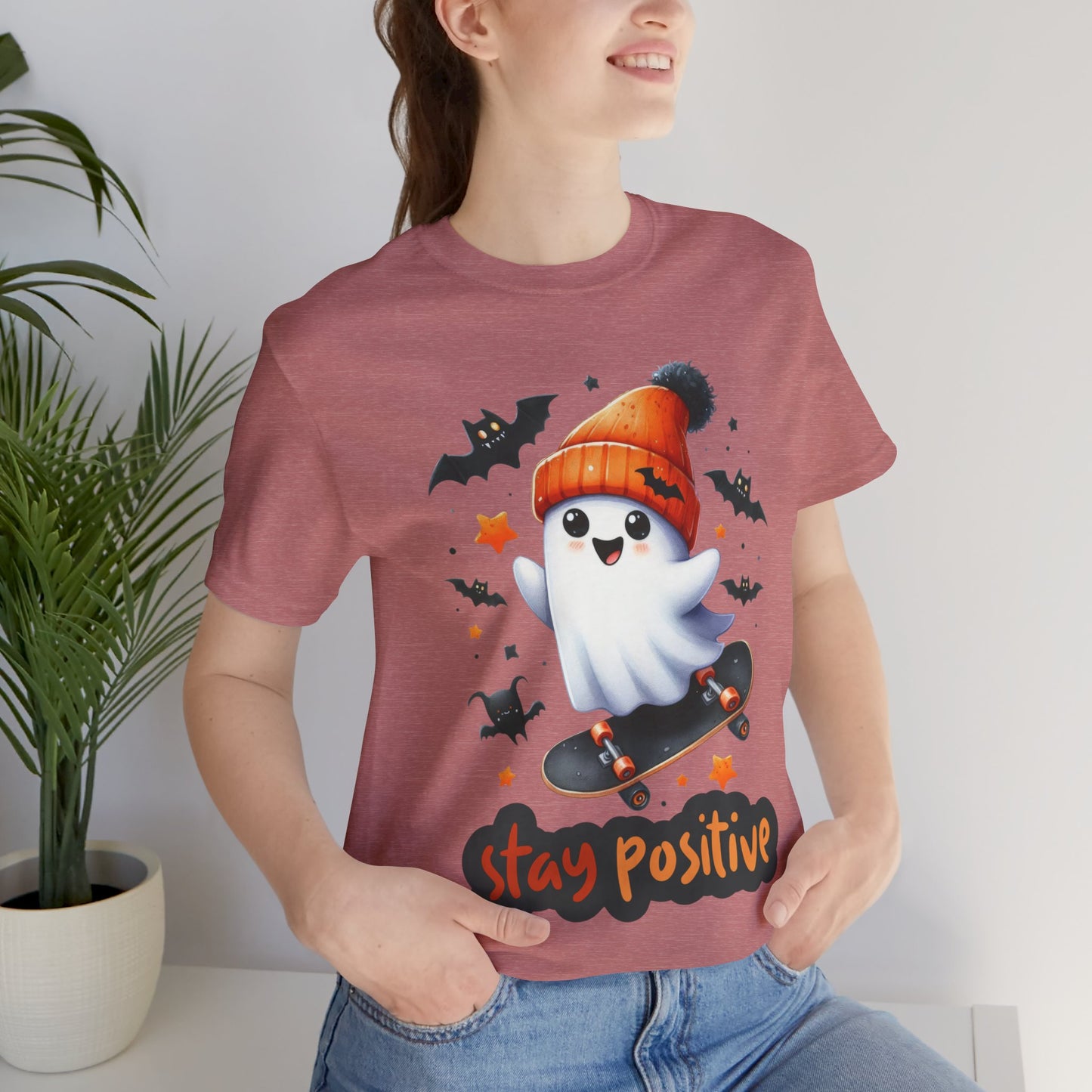 Stay Positive Cute Ghost T-shirt, Happy Halloween Skeleton T-shirt, Happy Halloween T-shirt, Trick Or Treat T-shirt, Halloween T-shirt, Cool Halloween T-shirt, Spooky T-shirt,