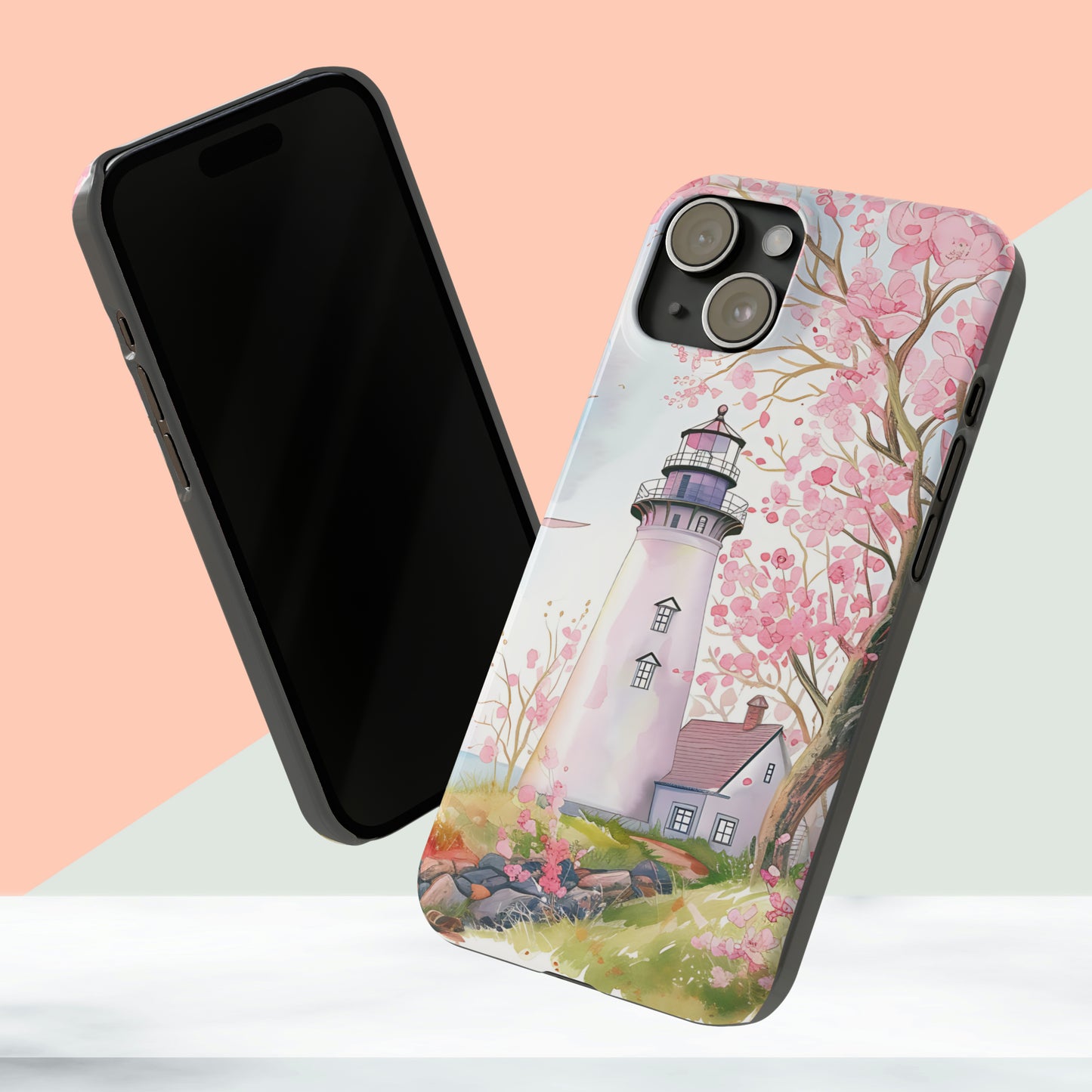 Watercolor Spring Lighthouse iPhone 15 Phone Cases