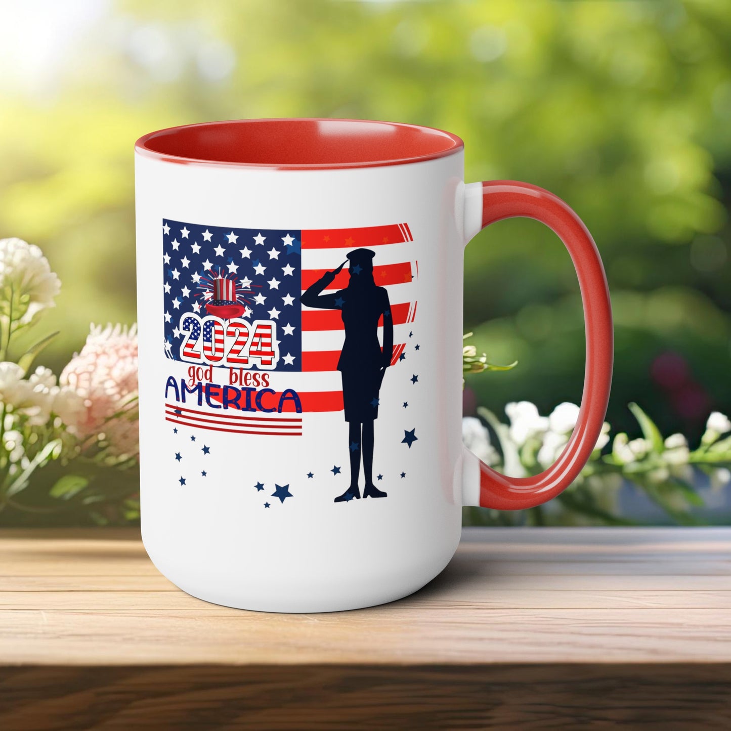 Happy 4th Of July Two -Tone Coffee Mug.15oz. God Bless America Coffee Mug.Flag, Red White Blue, gift, America.