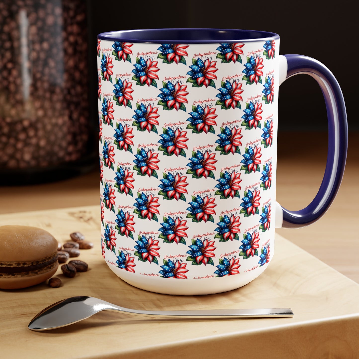 Happy 4th Of July Two -Tone Coffee Mug.15oz. Independence Day Coffee Mug. Love Peace USA.