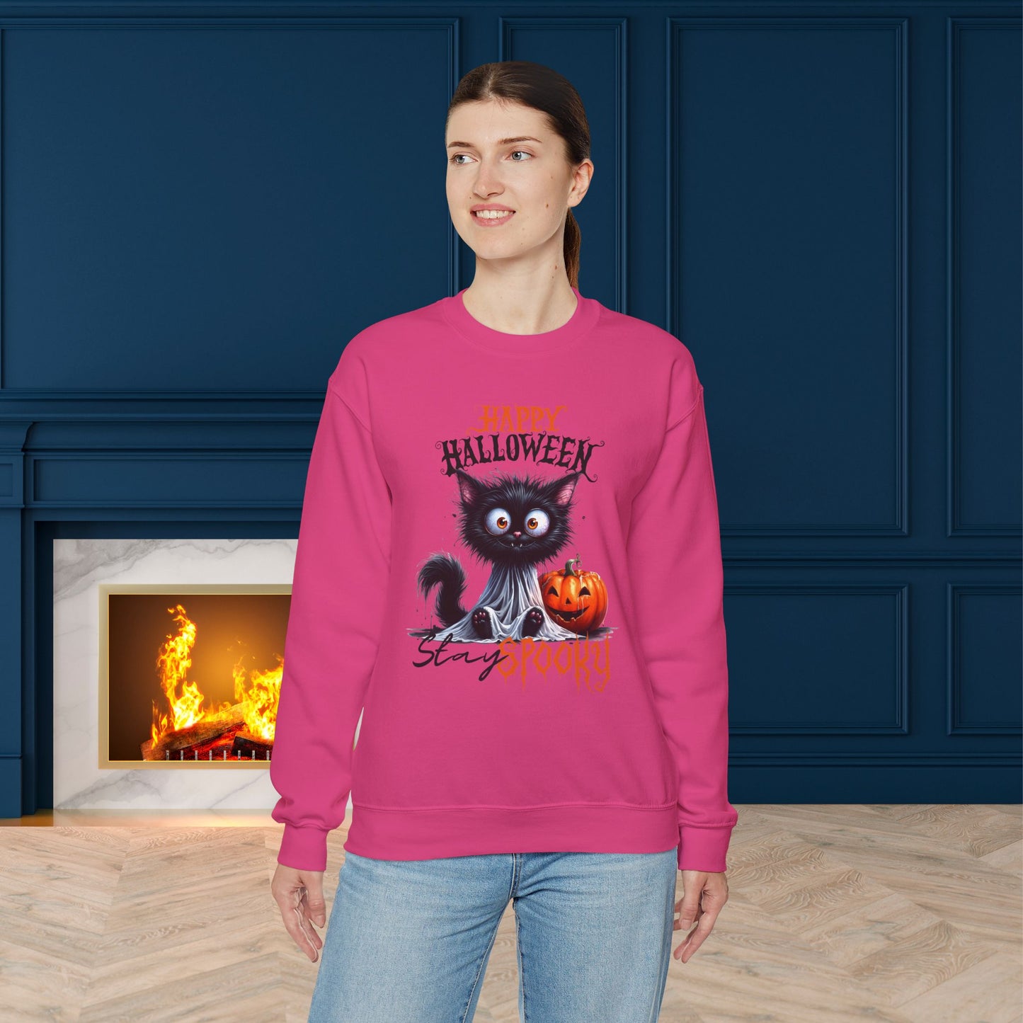 Stay spooky Halloween Sweatshirt - Unisex Heavy Blend Crewneck, halloween sweatshirt, cute spooky cat sweatshirt.