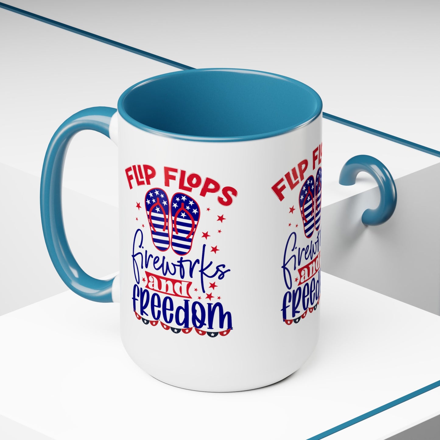 Happy 4th Of July Two -Tone Coffee Mug.15oz. Happy Independence Day Coffee Mug. America, Red White Blue, Flag,Peace Love America. Flipflop fireworks & Freedom.