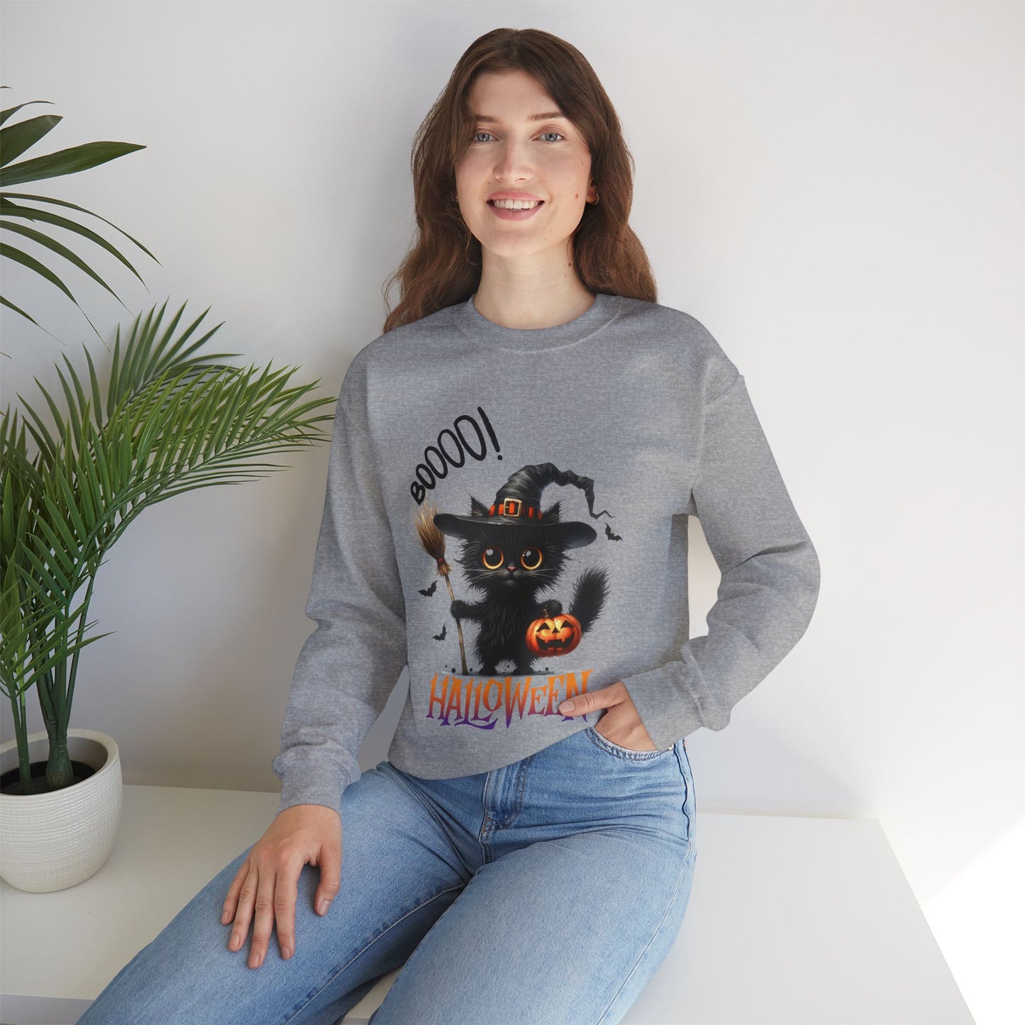 Spooky Cat Halloween Sweatshirt - Unisex Heavy Blend Crewneck, halloween sweatshirt, cute spooky cat sweatshirt.