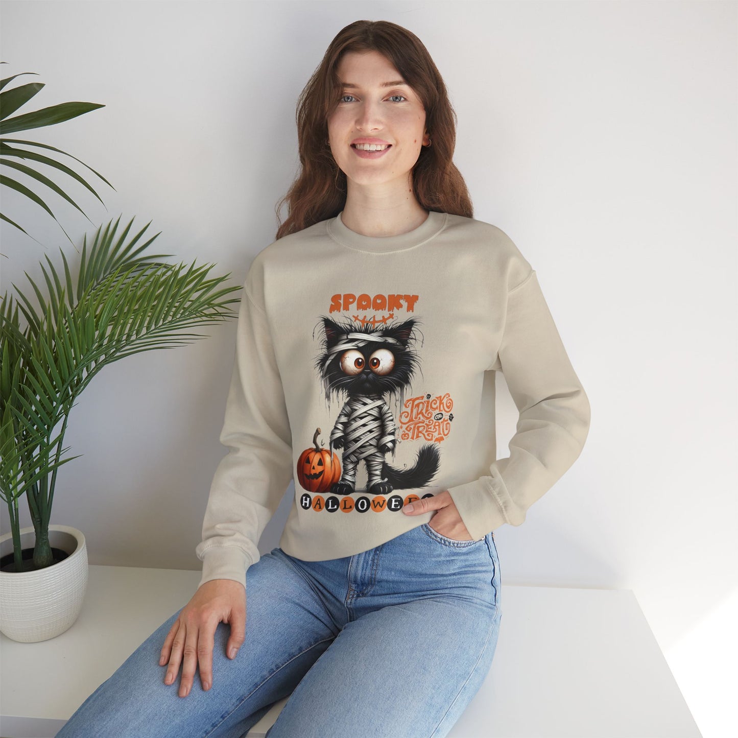 Spooky Halloween Cat Sweatshirt, Happy Halloween Sweatshirt - Unisex Heavy Blend Crewneck, Halloween Sweatshirt, Cute Spooky Ghost sweatshirt.