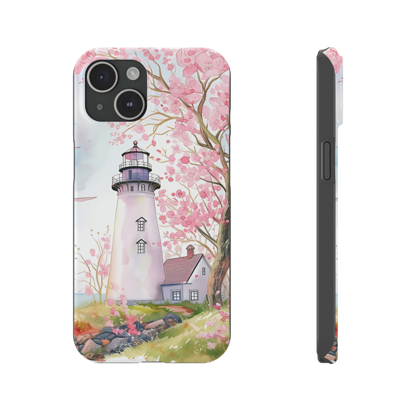 Watercolor Spring Lighthouse iPhone 15 Phone Cases