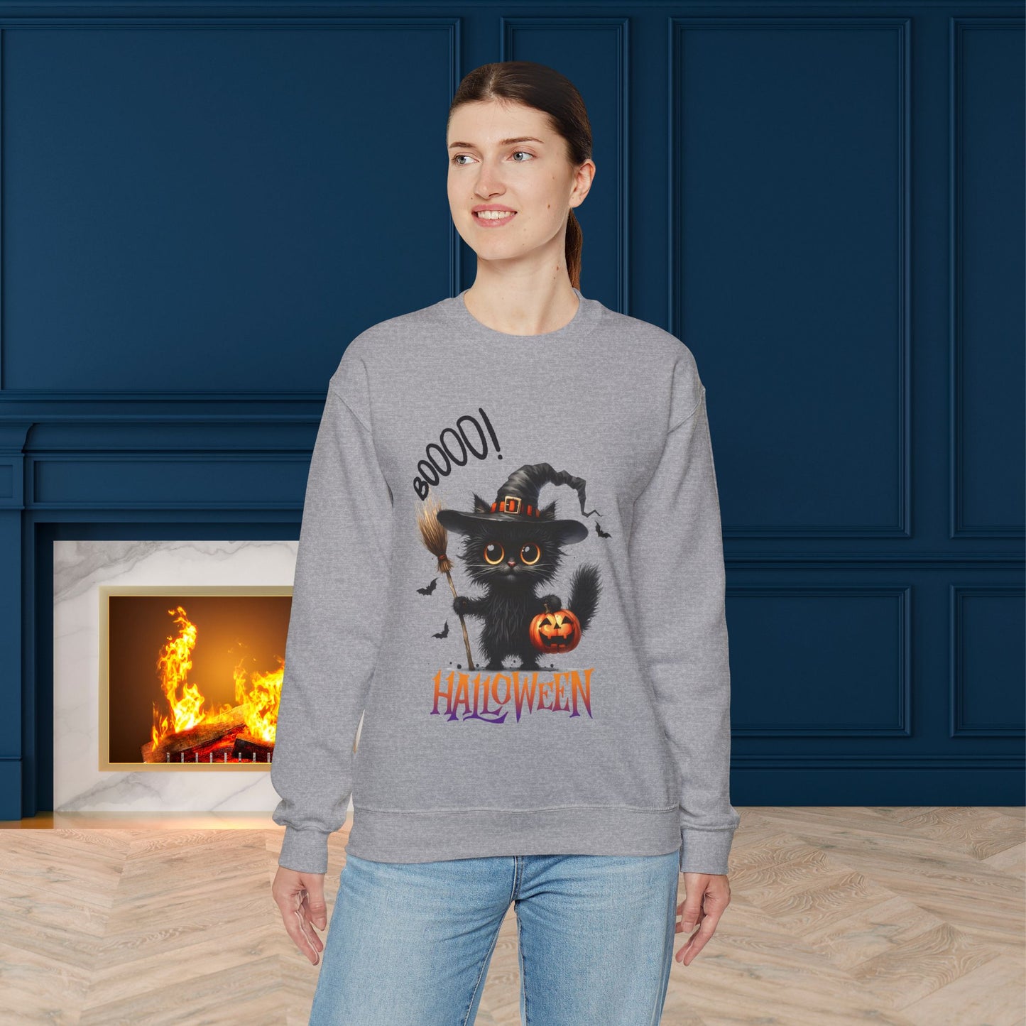 Spooky Cat Halloween Sweatshirt - Unisex Heavy Blend Crewneck, halloween sweatshirt, cute spooky cat sweatshirt.