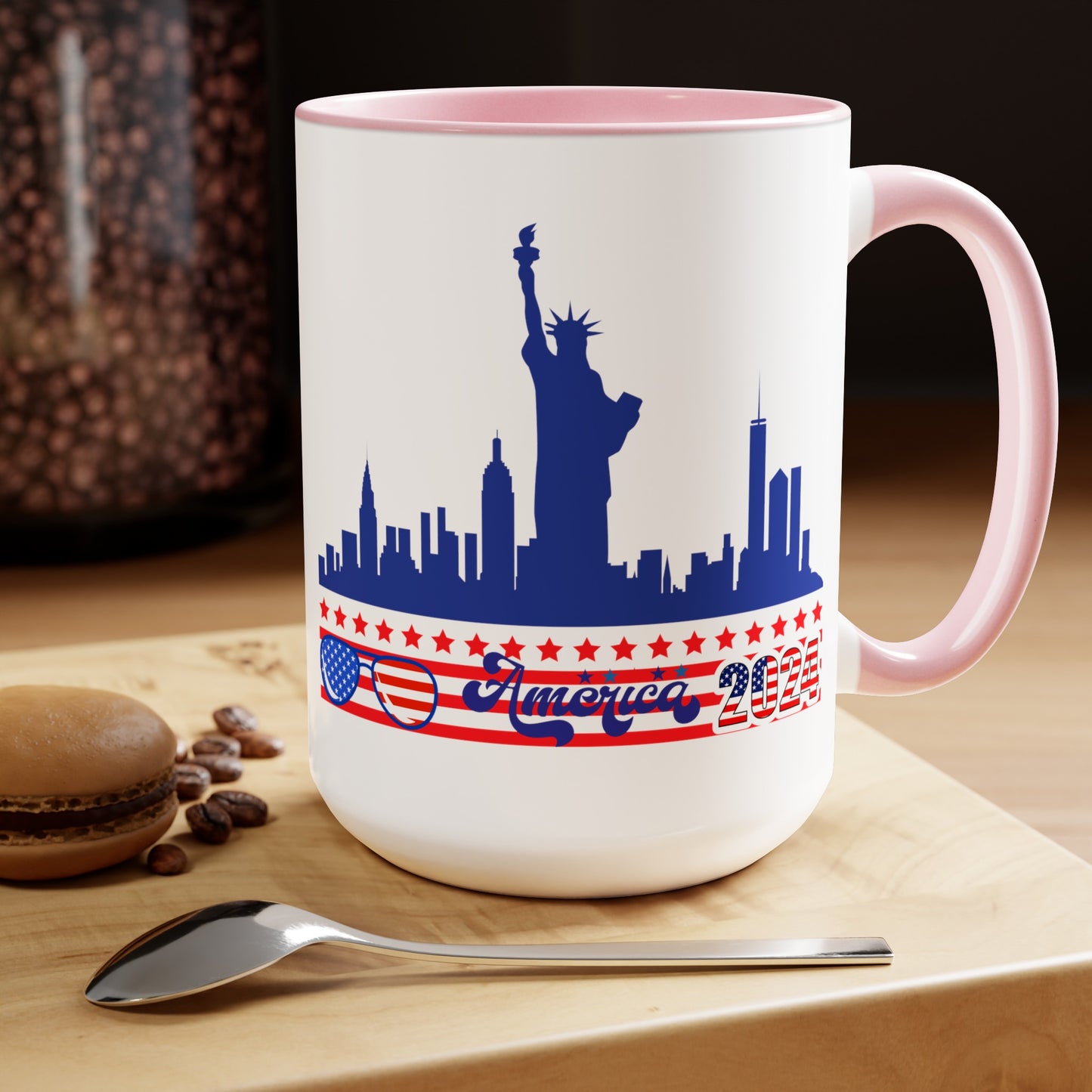 Happy 4th Of July Two -Tone Coffee Mug.15oz. God Bless America Coffee Mug. America 2024 Coffee Mug.