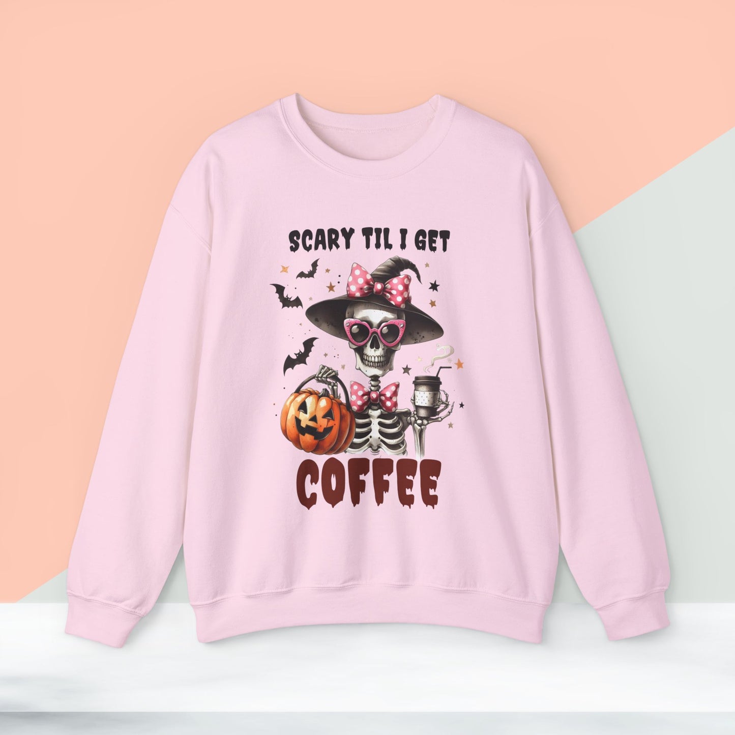 Scary Til I Get Coffee Halloween Sweatshirt, Happy Halloween Sweatshirt - Unisex Heavy Blend Crewneck, Halloween Sweatshirt, Cute Spooky Ghost sweatshirt.