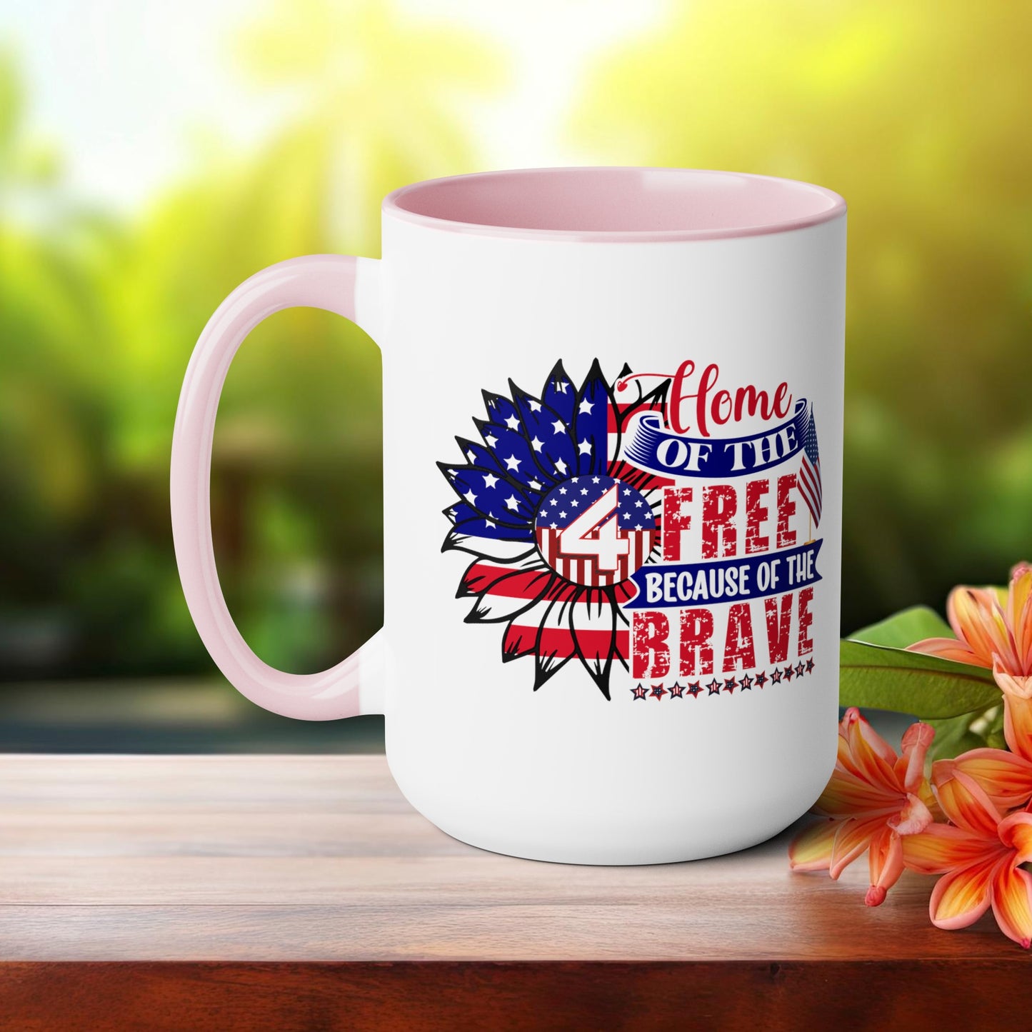 Happy 4th Of July Two -Tone Coffee Mug.15oz. God Bless America Coffee Mug.Flag, Red White Blue, Gift, America.Fourth Of July Sunflower Coffee Mug.