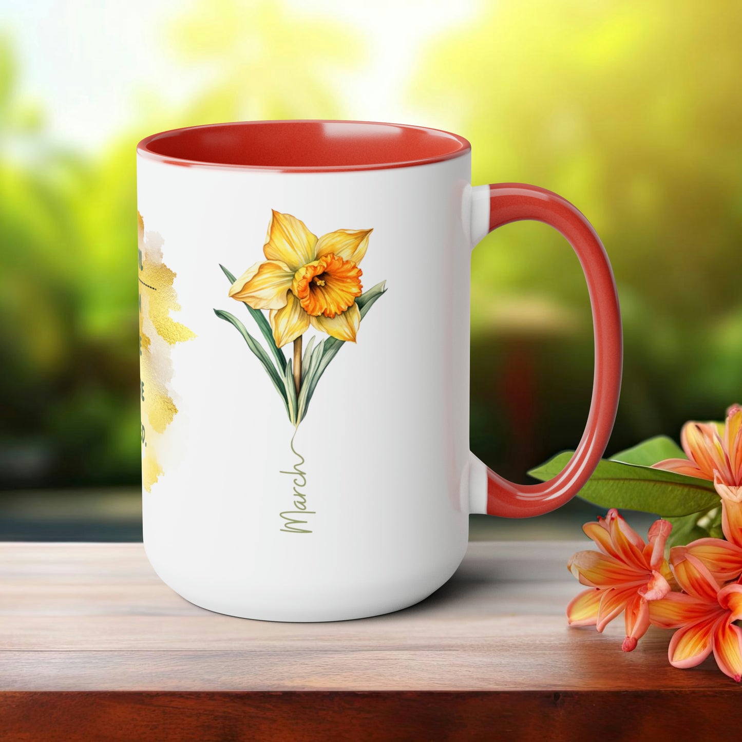 Birth Month Flower Two-Tone Coffee Mugs, 15oz, March Birth Month Flower mug.