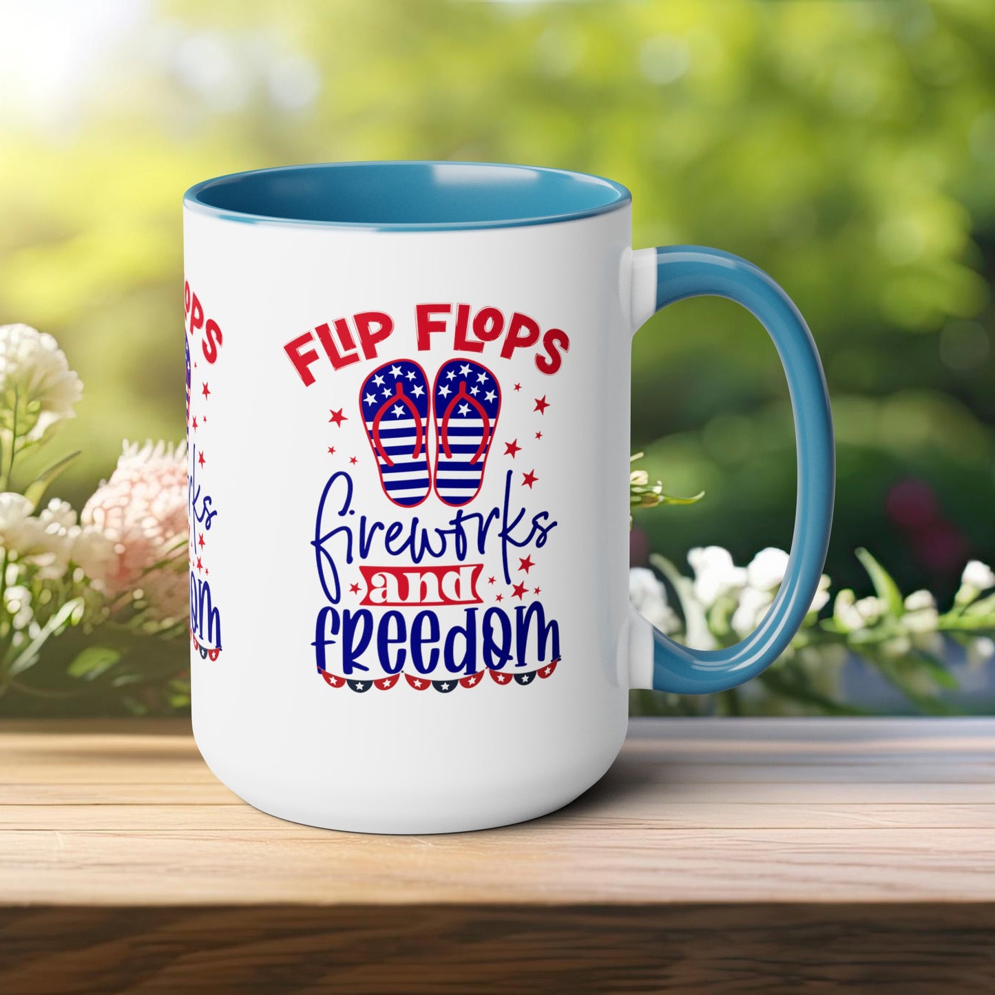 Happy 4th Of July Two -Tone Coffee Mug.15oz. Happy Independence Day Coffee Mug. America, Red White Blue, Flag,Peace Love America. Flipflop fireworks & Freedom.