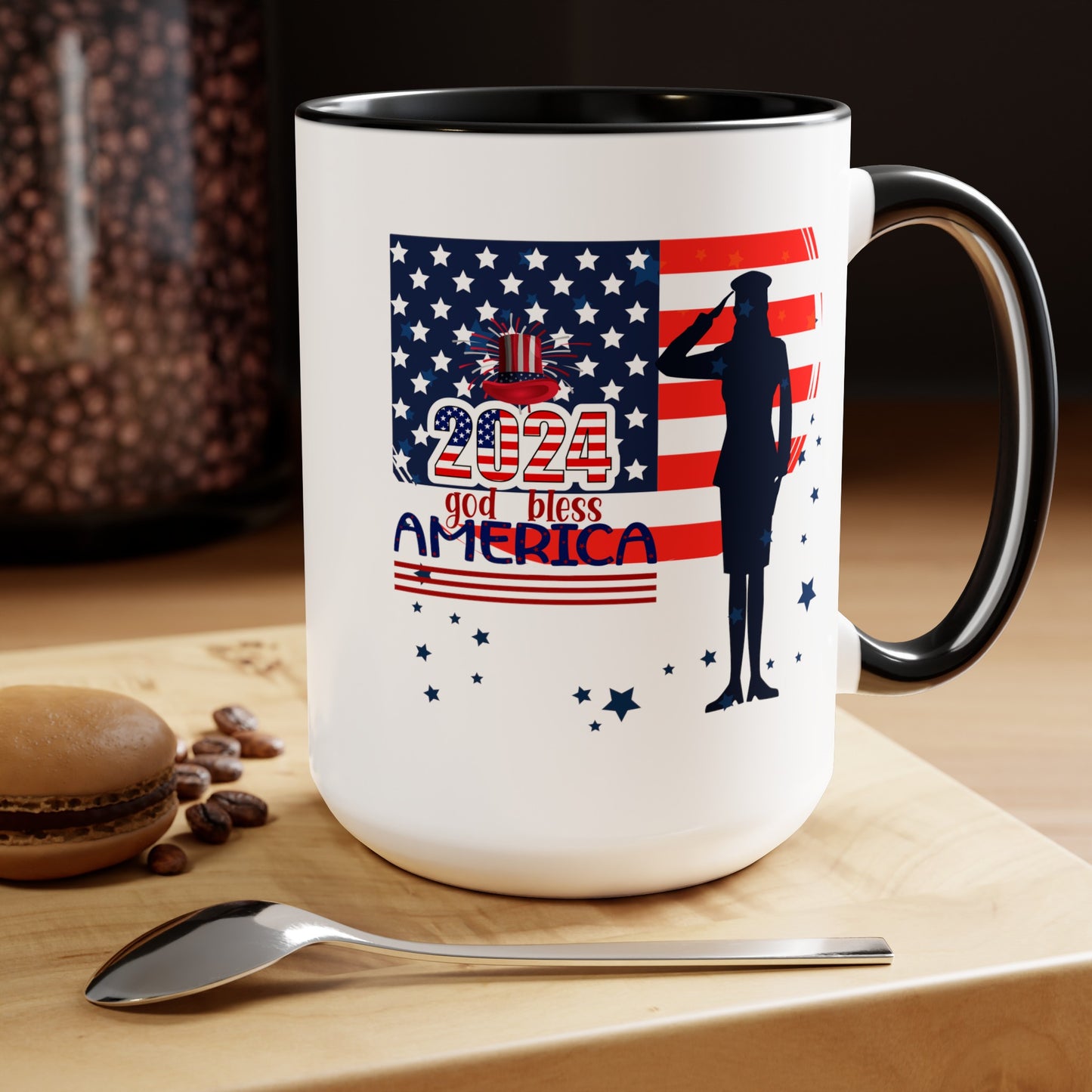 Happy 4th Of July Two -Tone Coffee Mug.15oz. God Bless America Coffee Mug.Flag, Red White Blue, gift, America.